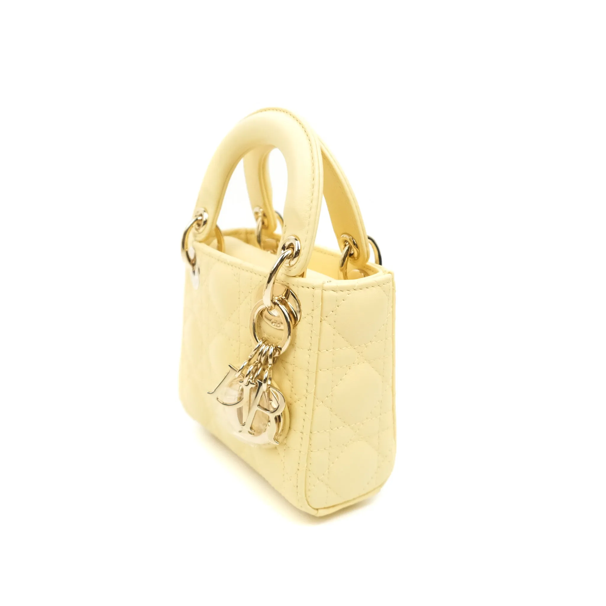 Christian Dior Micro Lady Dior Cannage Pale Yellow Lambskin Gold Hardware