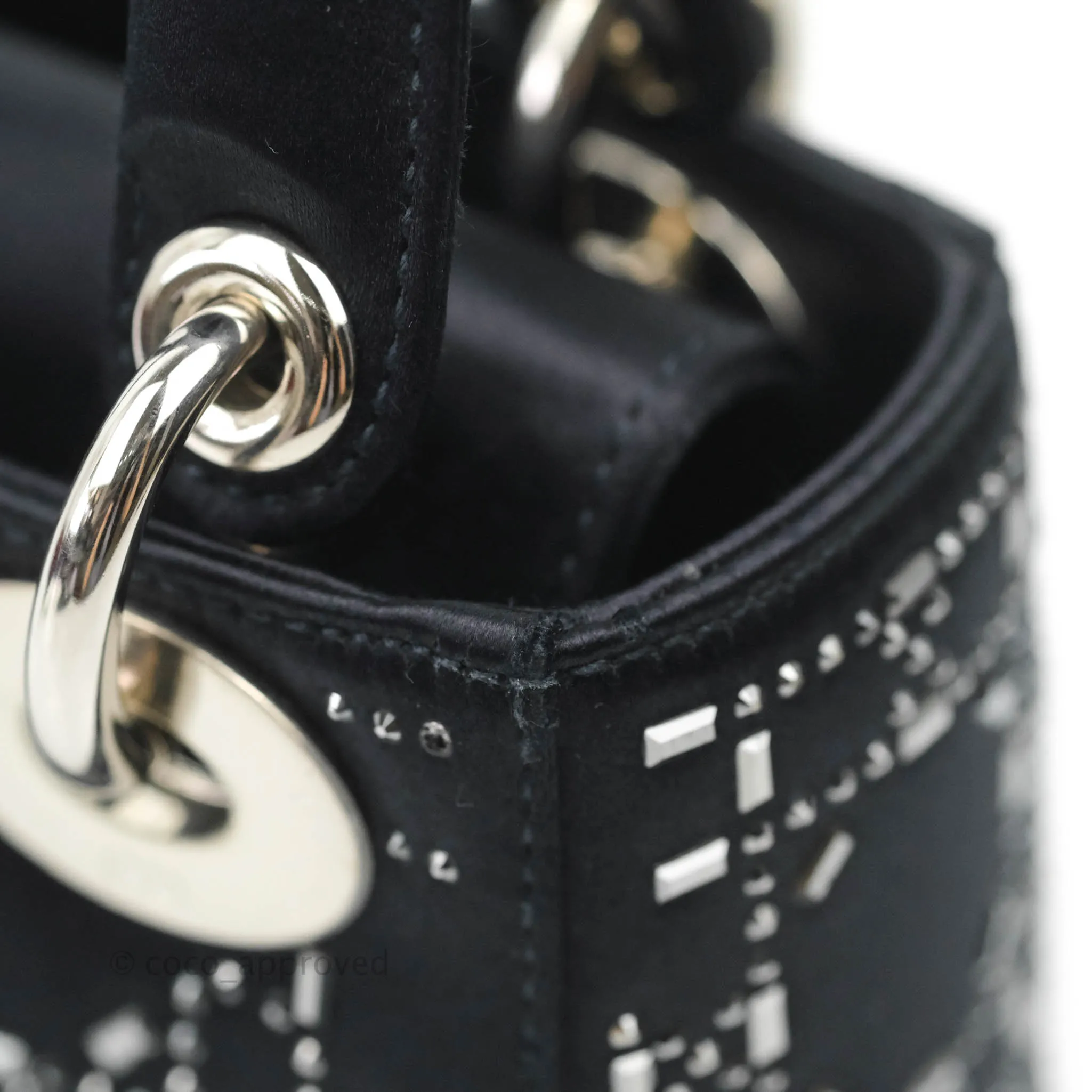 Christian Dior Mini Lady Dior Bag Black Strass Cannage Satin Silver Hardware