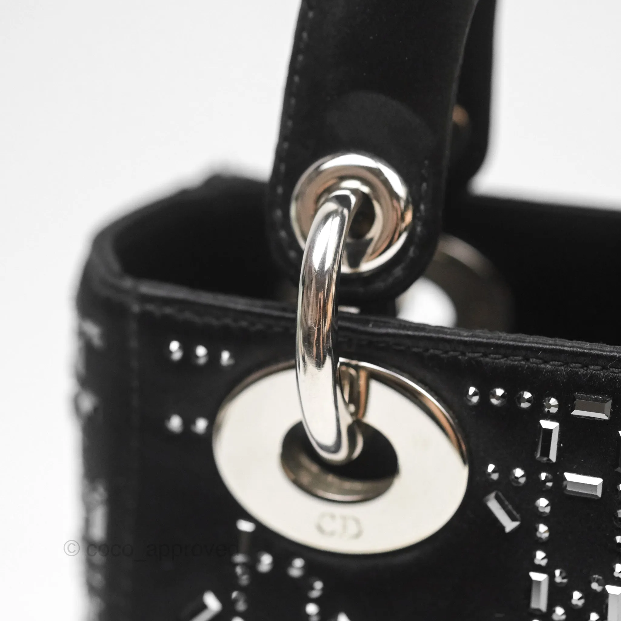 Christian Dior Mini Lady Dior Bag Black Strass Cannage Satin Silver Hardware