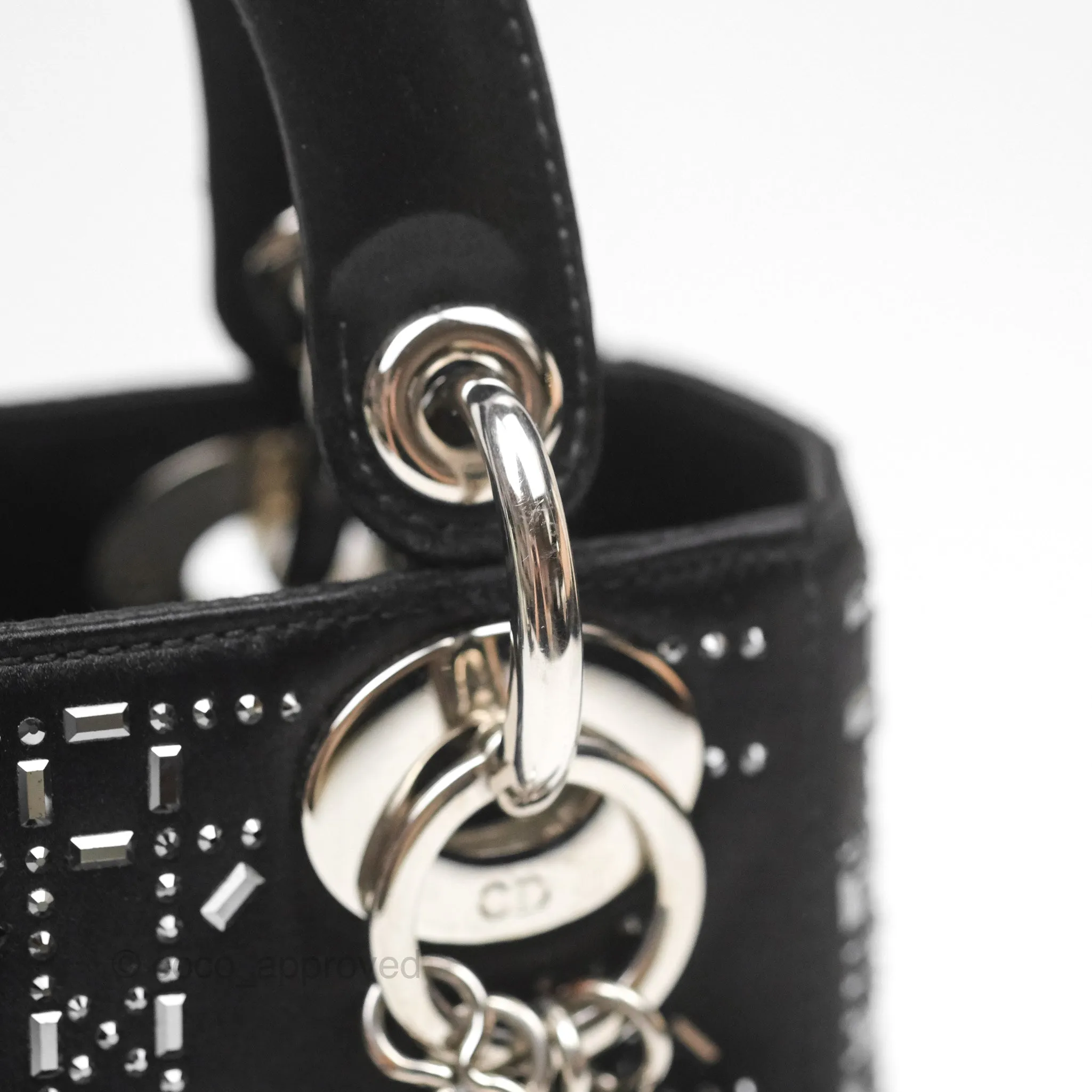 Christian Dior Mini Lady Dior Bag Black Strass Cannage Satin Silver Hardware