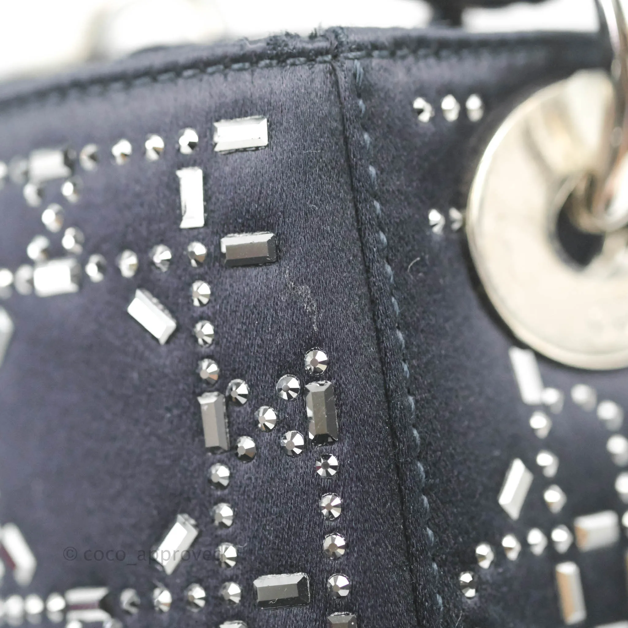 Christian Dior Mini Lady Dior Bag Black Strass Cannage Satin Silver Hardware