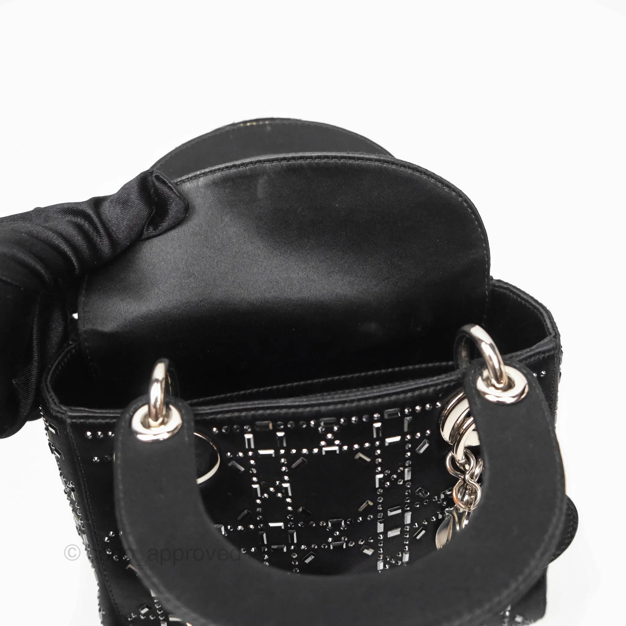 Christian Dior Mini Lady Dior Bag Black Strass Cannage Satin Silver Hardware