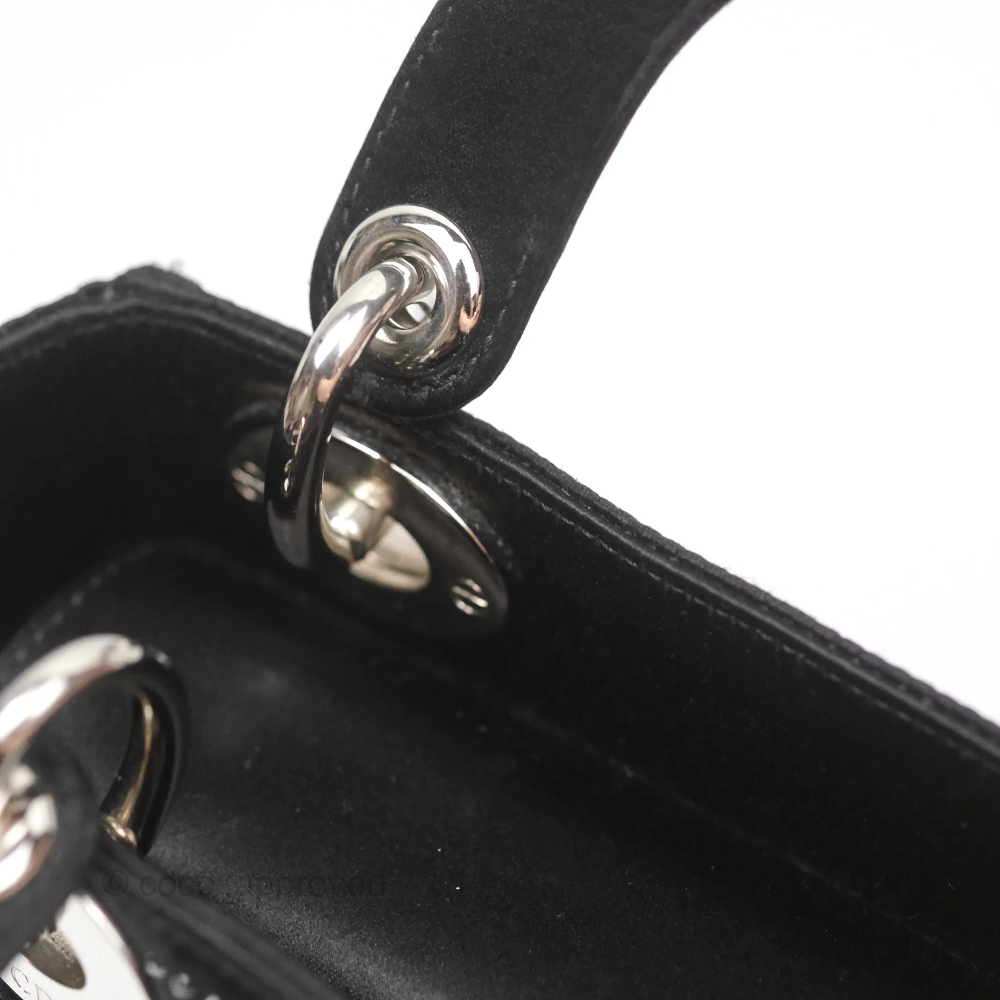 Christian Dior Mini Lady Dior Bag Black Strass Cannage Satin Silver Hardware