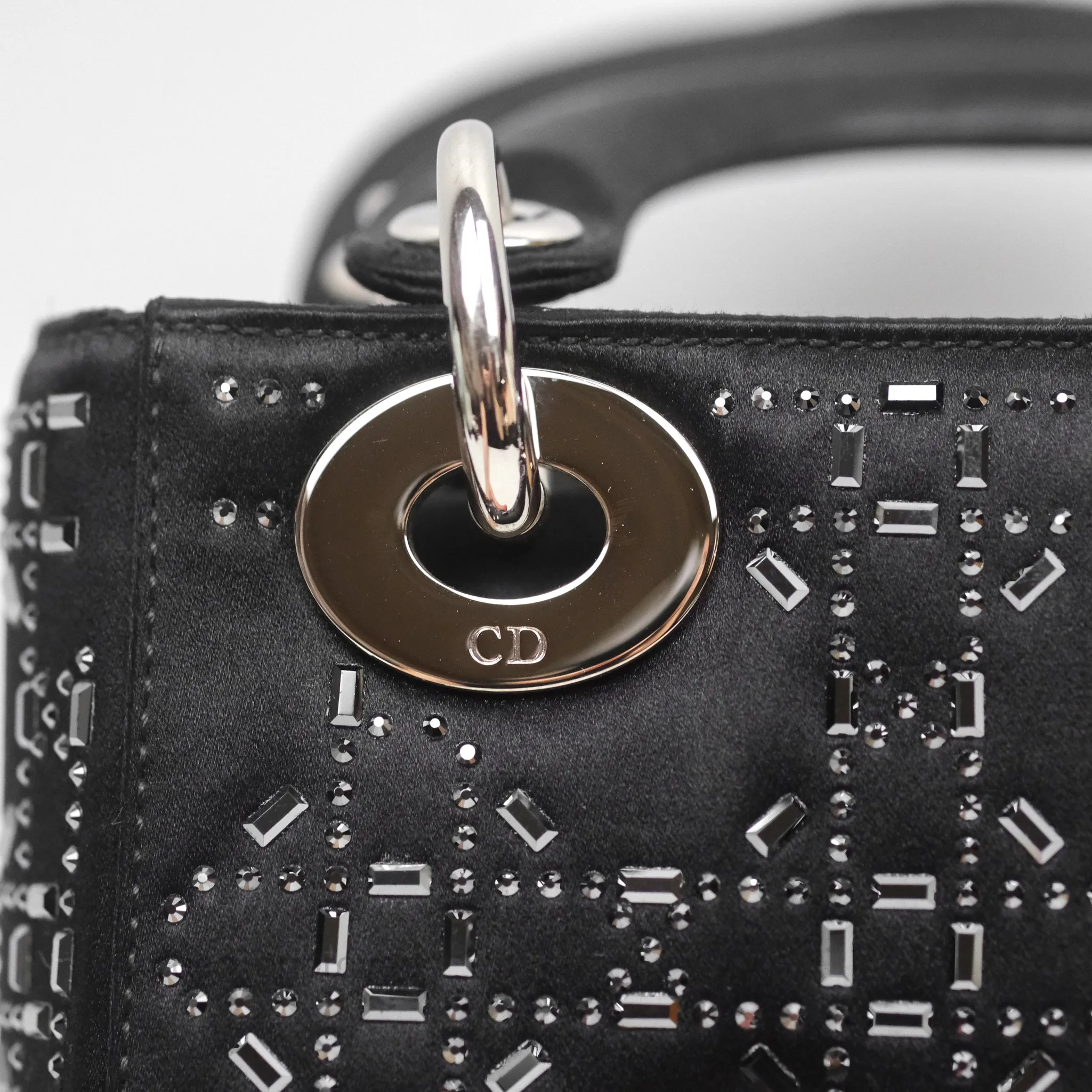 Christian Dior Mini Lady Dior Bag Black Strass Cannage Satin Silver Hardware
