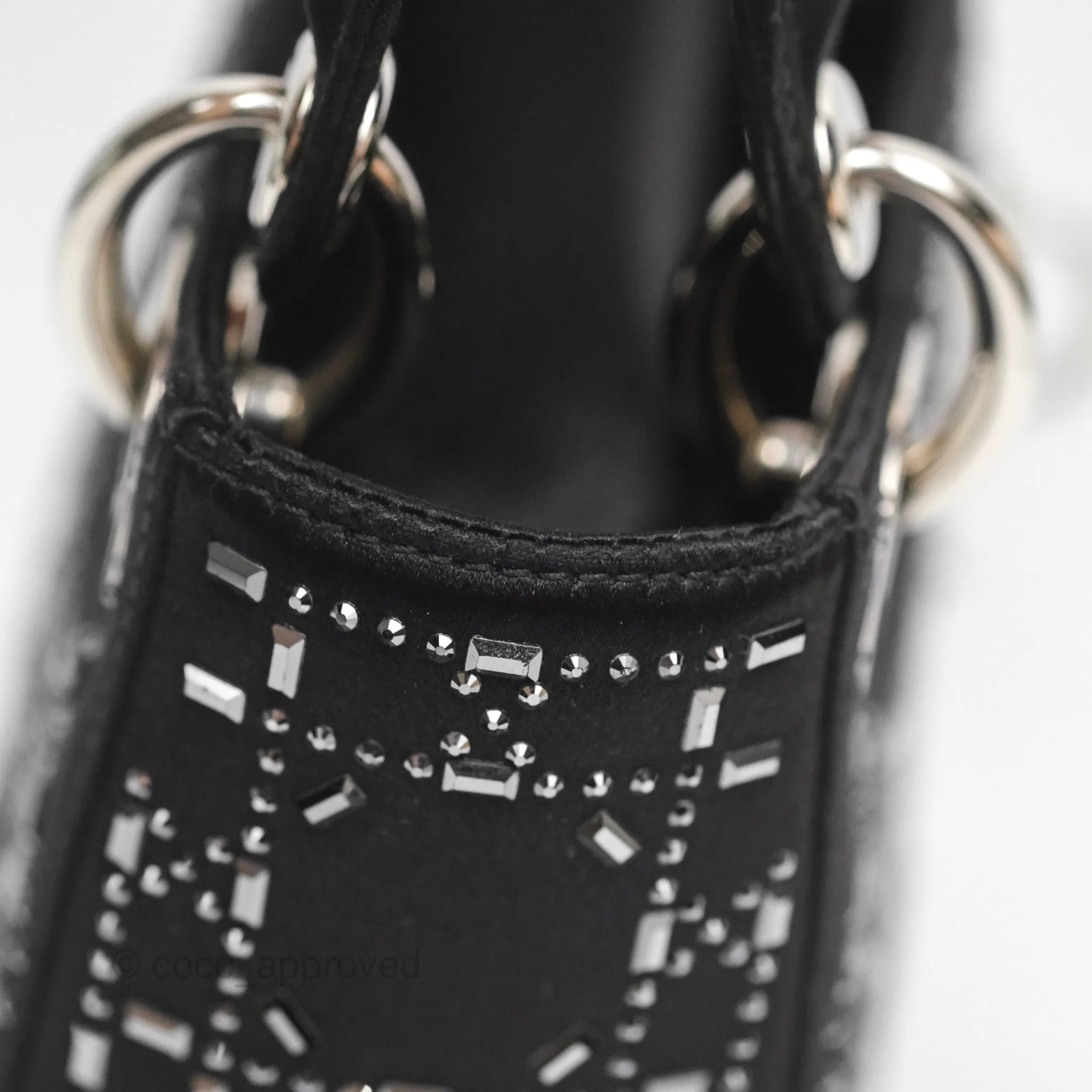 Christian Dior Mini Lady Dior Bag Black Strass Cannage Satin Silver Hardware