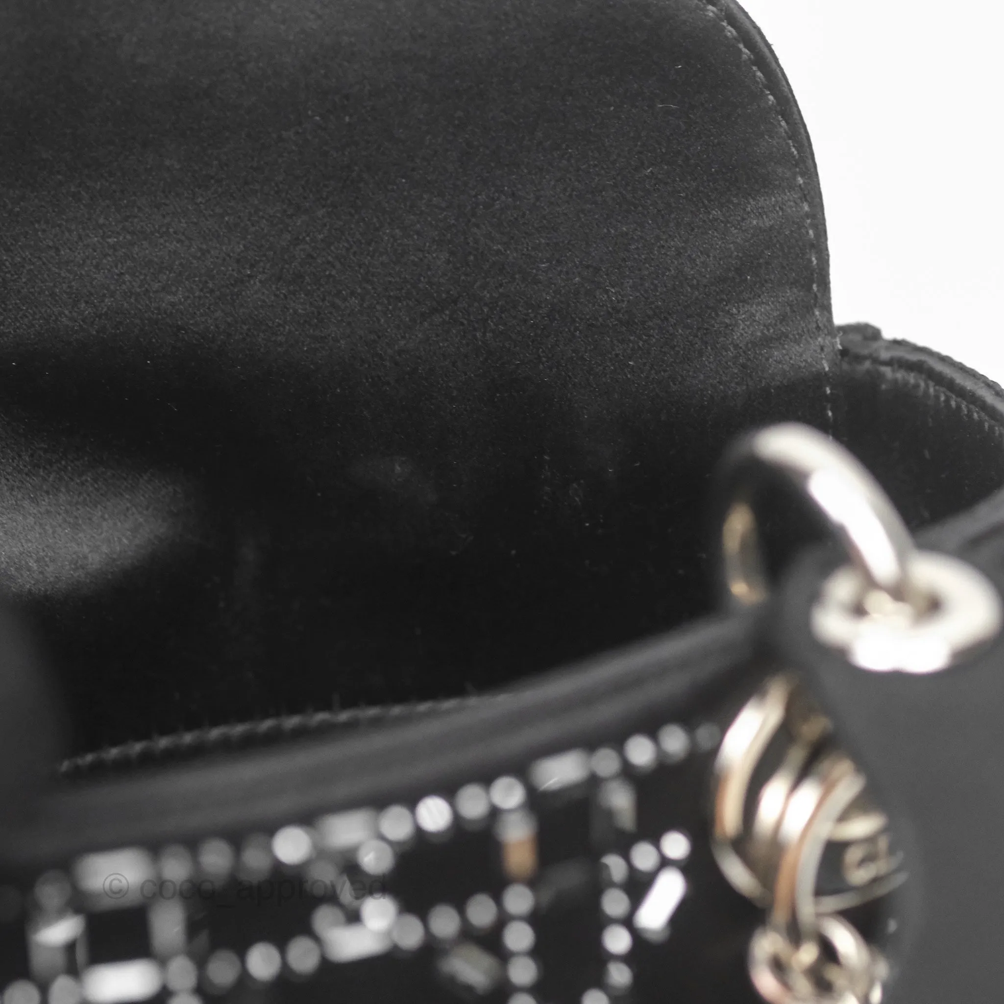 Christian Dior Mini Lady Dior Bag Black Strass Cannage Satin Silver Hardware