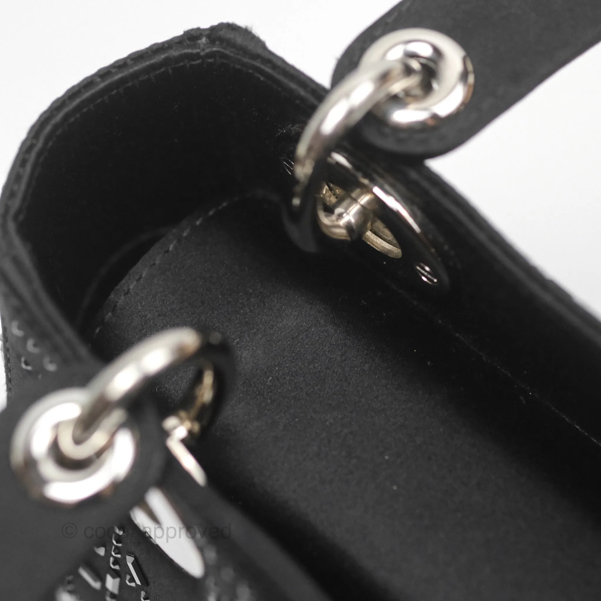 Christian Dior Mini Lady Dior Bag Black Strass Cannage Satin Silver Hardware
