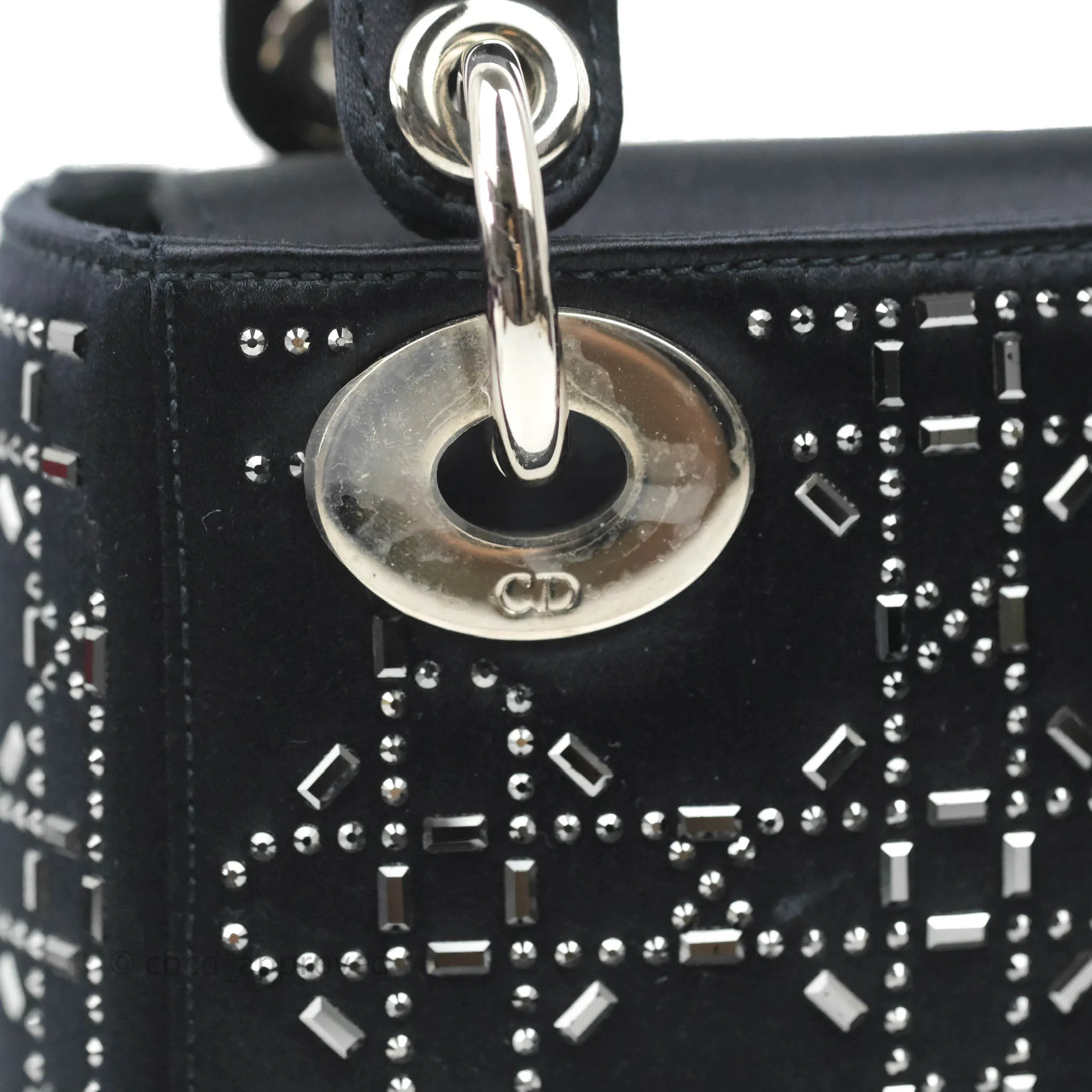 Christian Dior Mini Lady Dior Bag Black Strass Cannage Satin Silver Hardware