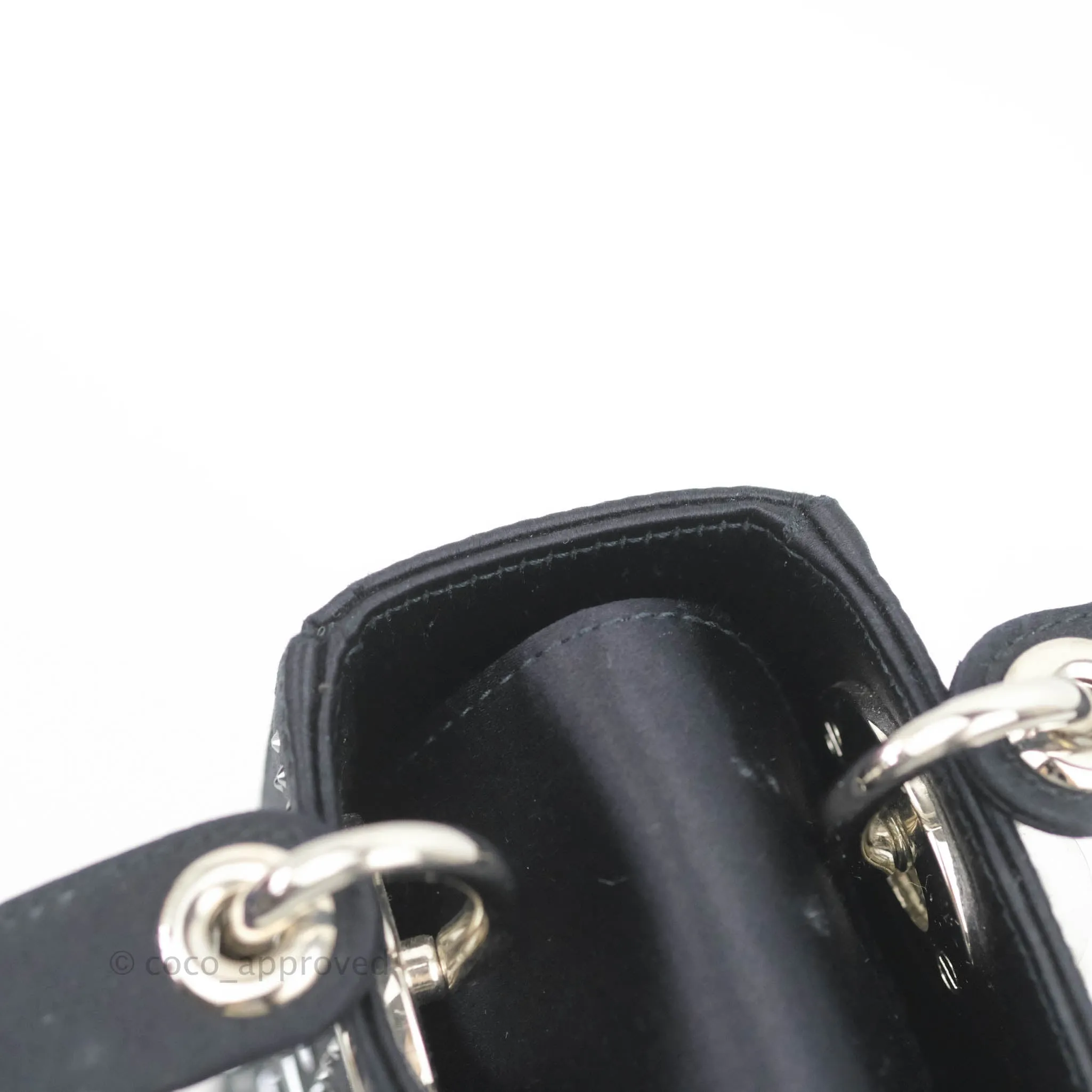 Christian Dior Mini Lady Dior Bag Black Strass Cannage Satin Silver Hardware