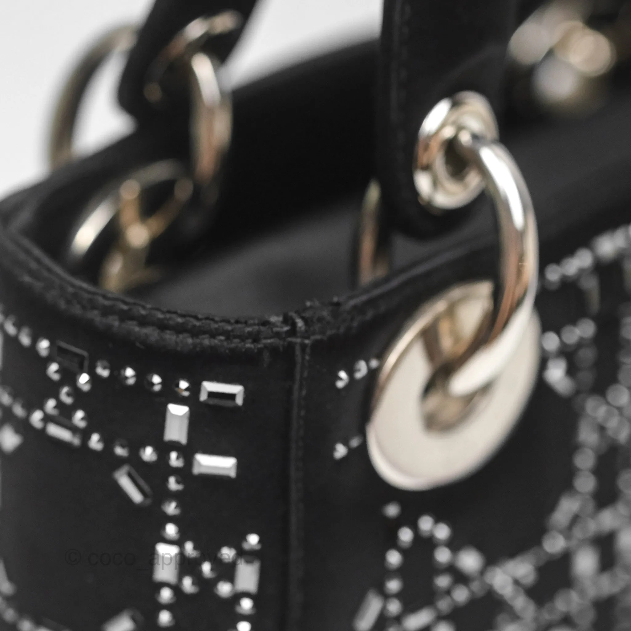 Christian Dior Mini Lady Dior Bag Black Strass Cannage Satin Silver Hardware