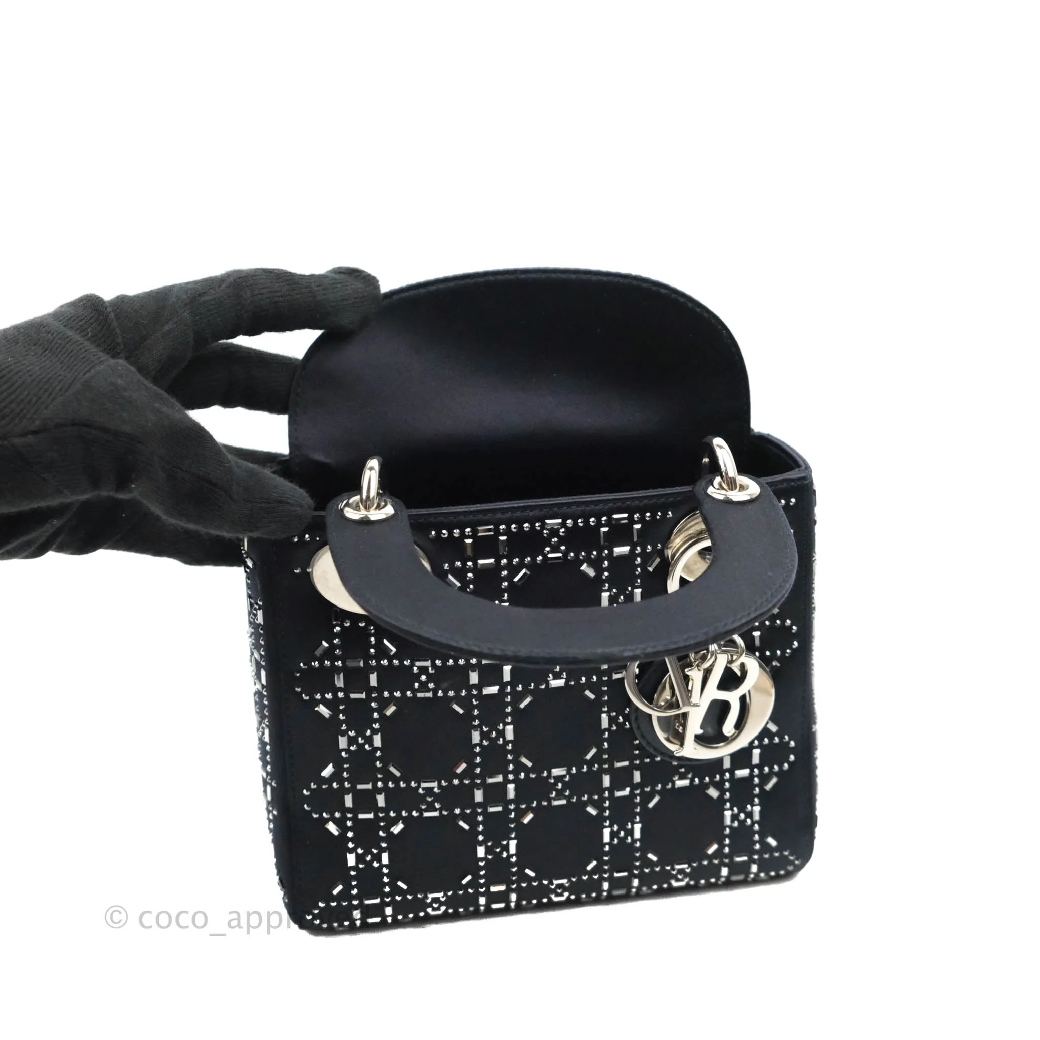 Christian Dior Mini Lady Dior Bag Black Strass Cannage Satin Silver Hardware