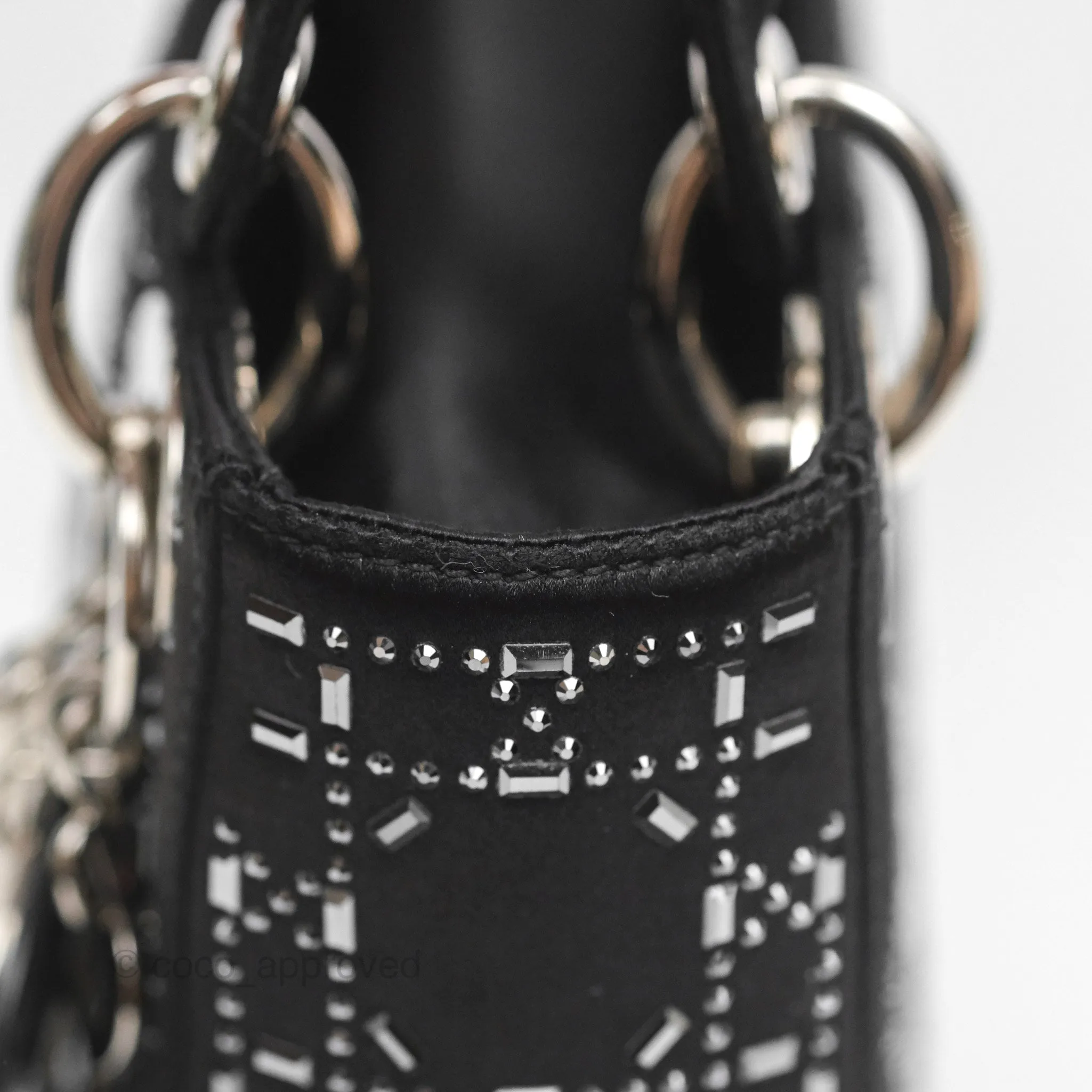 Christian Dior Mini Lady Dior Bag Black Strass Cannage Satin Silver Hardware