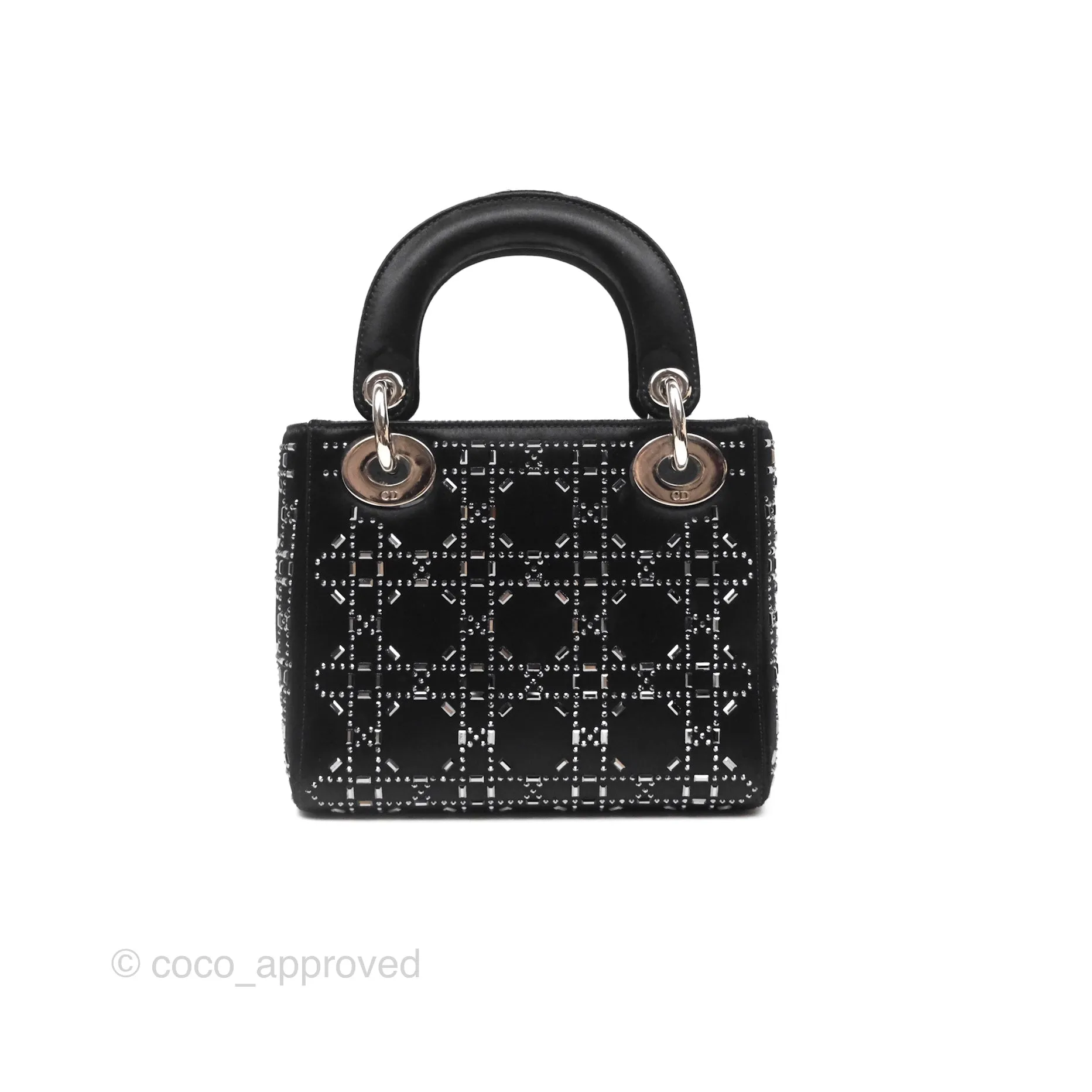 Christian Dior Mini Lady Dior Bag Black Strass Cannage Satin Silver Hardware