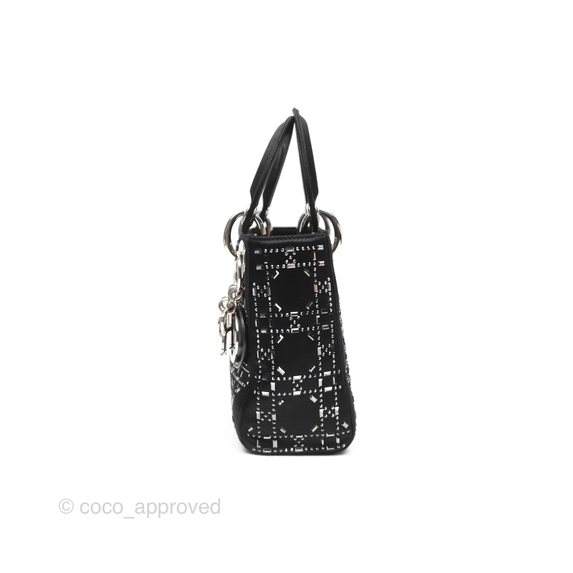 Christian Dior Mini Lady Dior Bag Black Strass Cannage Satin Silver Hardware