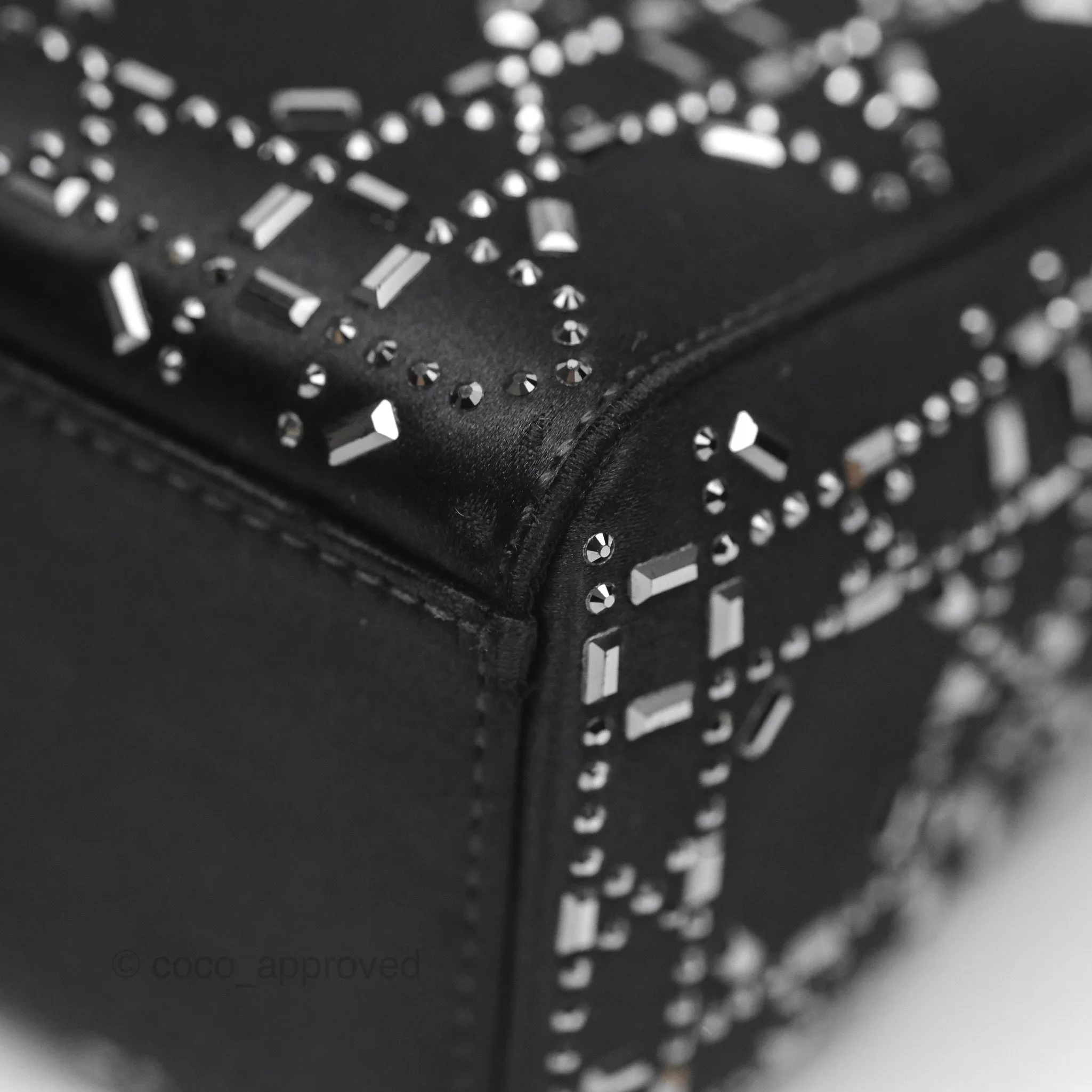 Christian Dior Mini Lady Dior Bag Black Strass Cannage Satin Silver Hardware