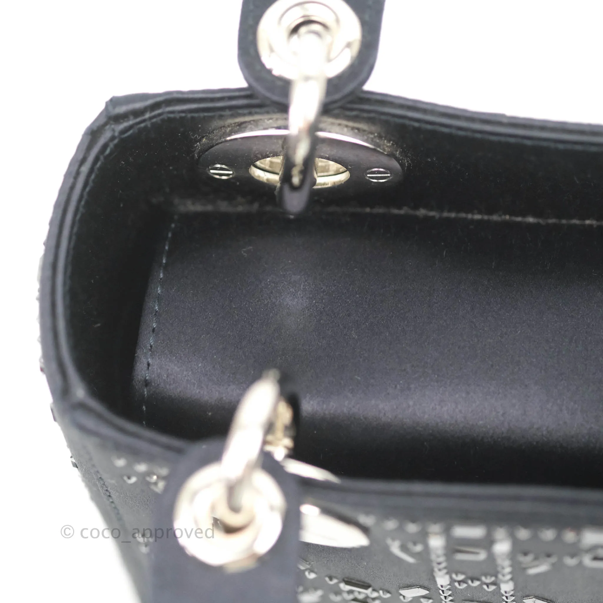 Christian Dior Mini Lady Dior Bag Black Strass Cannage Satin Silver Hardware