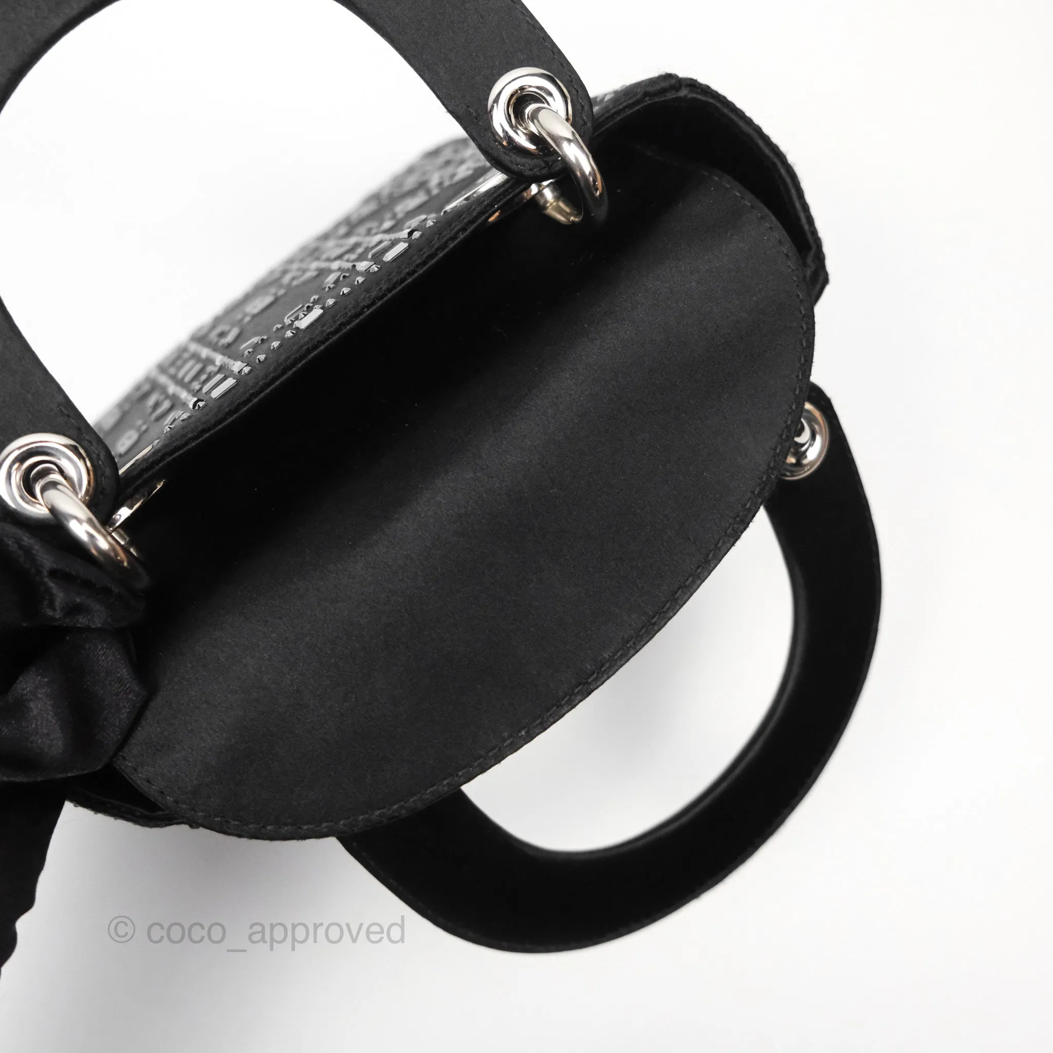 Christian Dior Mini Lady Dior Bag Black Strass Cannage Satin Silver Hardware