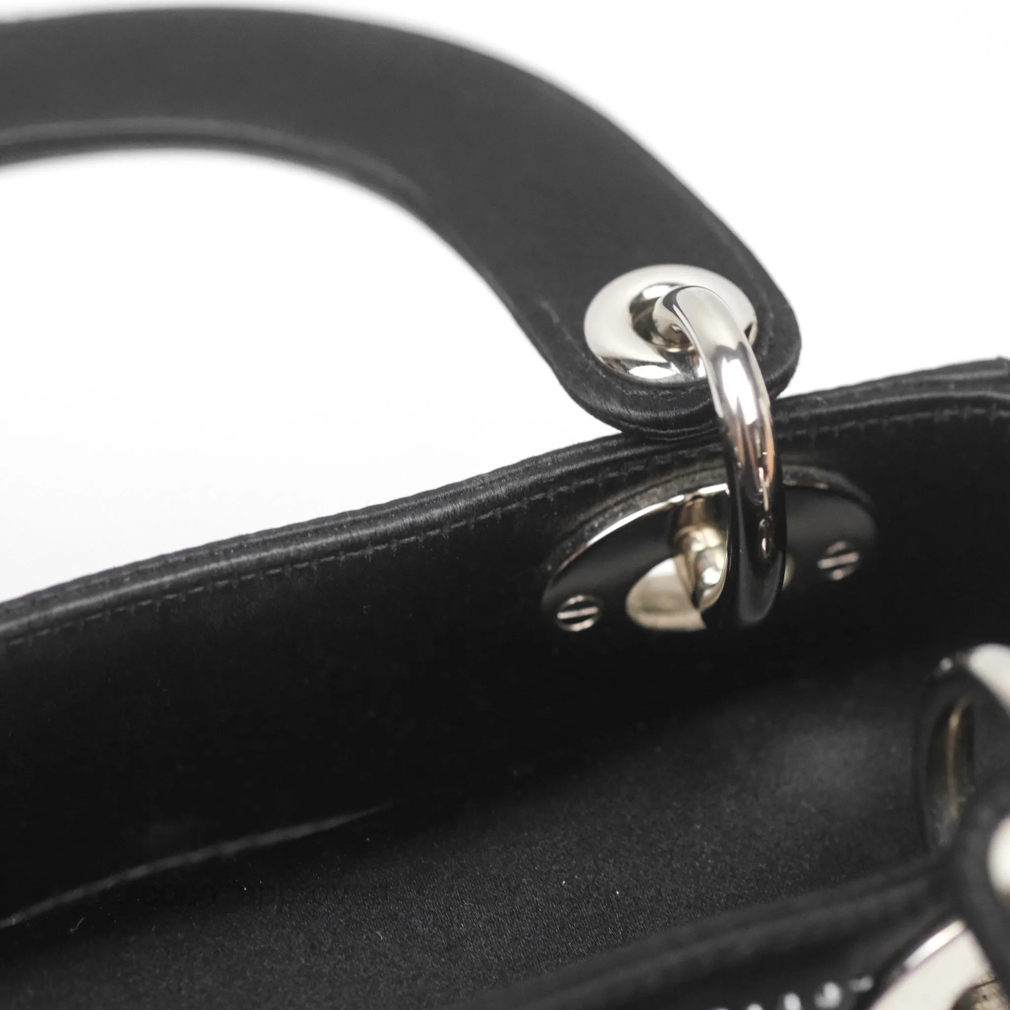 Christian Dior Mini Lady Dior Bag Black Strass Cannage Satin Silver Hardware