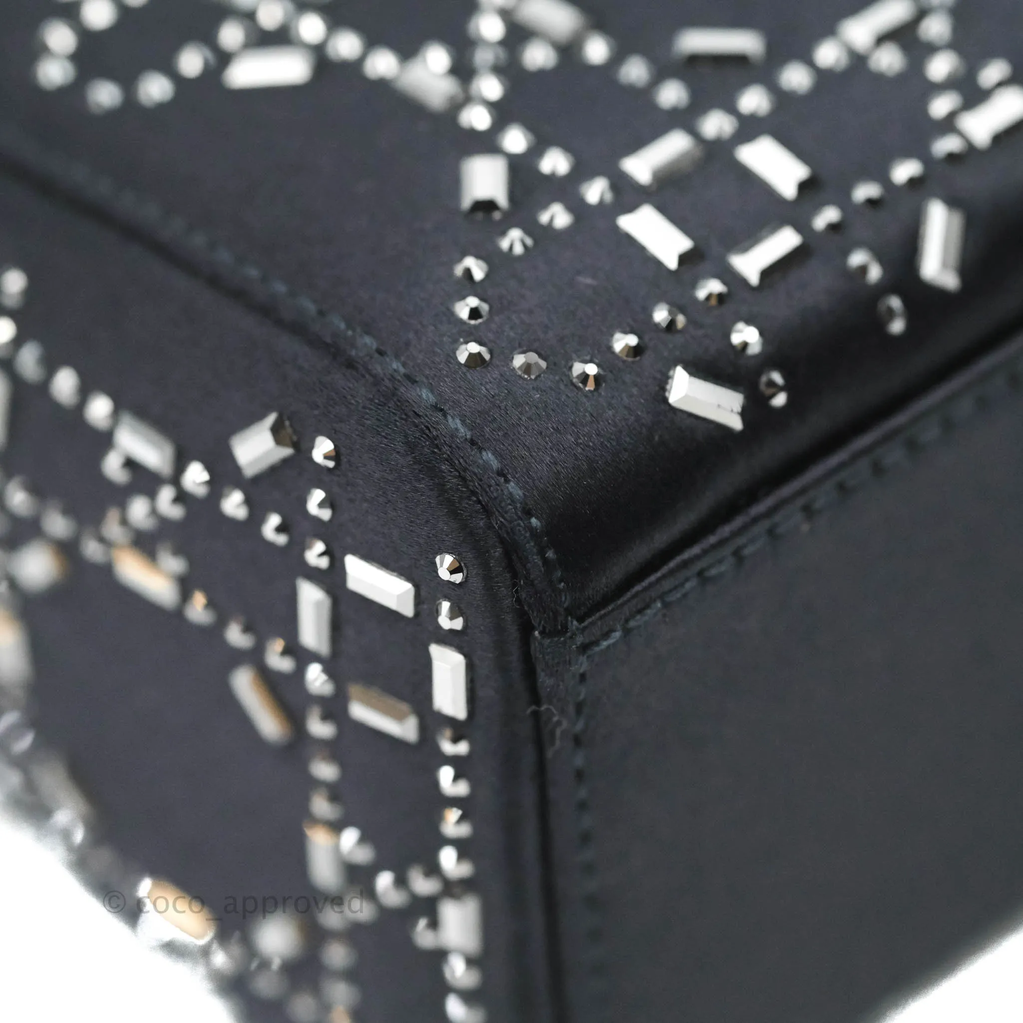 Christian Dior Mini Lady Dior Bag Black Strass Cannage Satin Silver Hardware