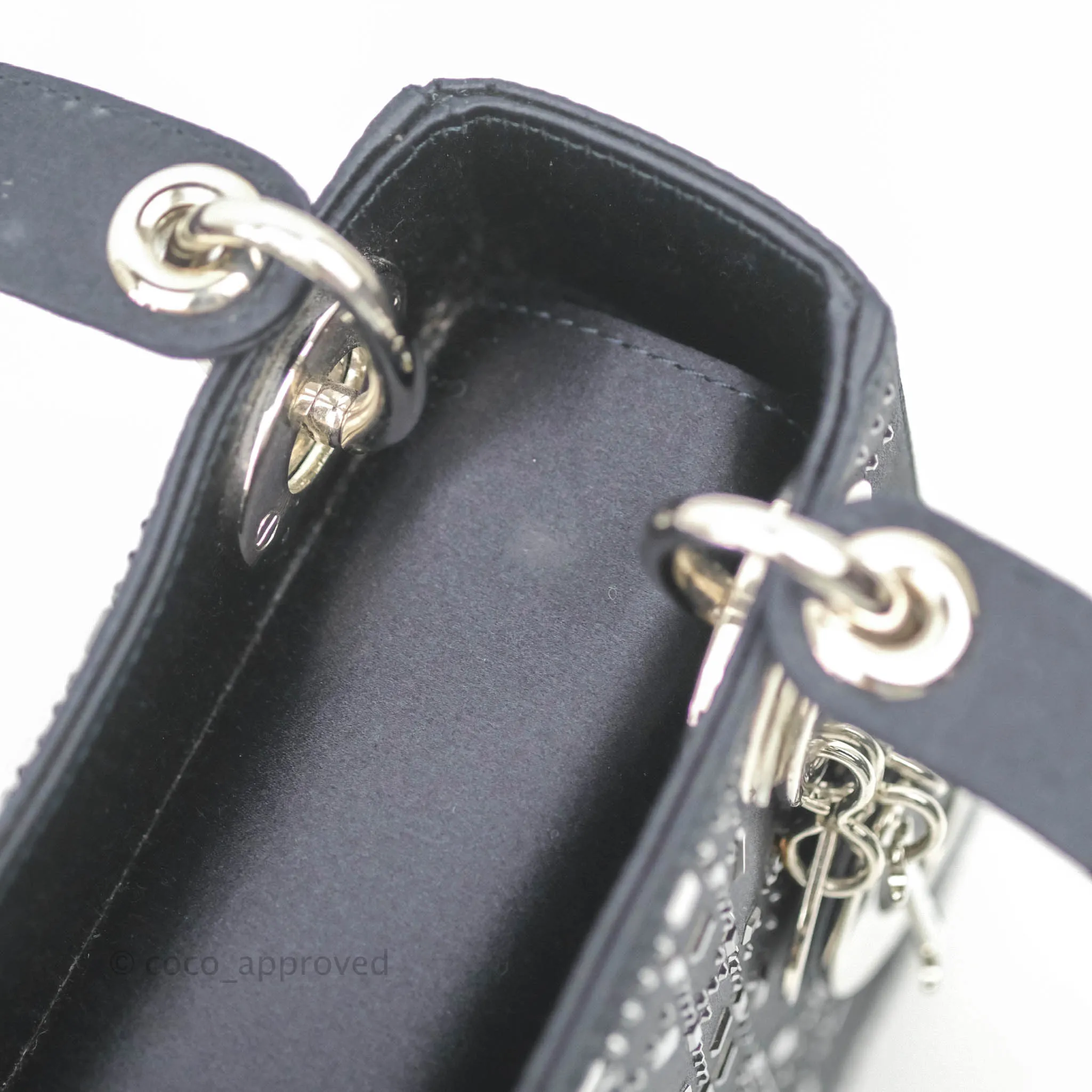 Christian Dior Mini Lady Dior Bag Black Strass Cannage Satin Silver Hardware