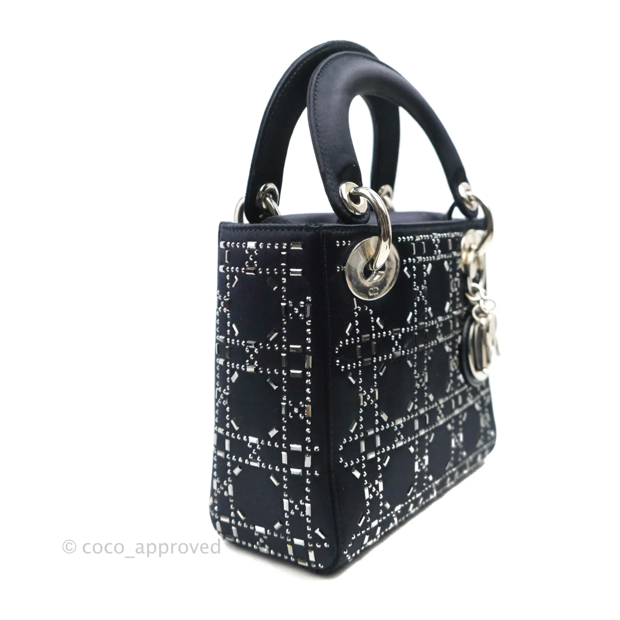 Christian Dior Mini Lady Dior Bag Black Strass Cannage Satin Silver Hardware