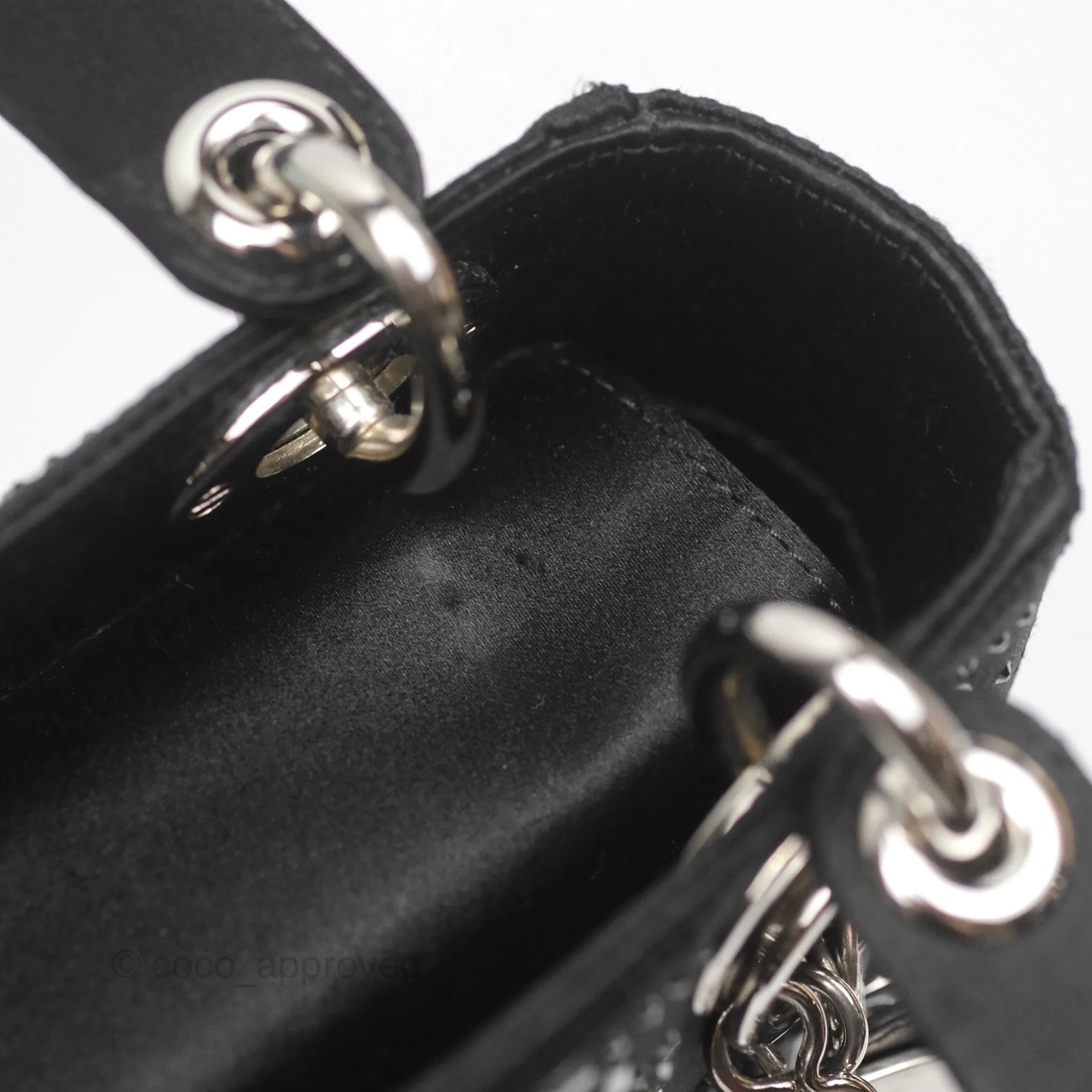 Christian Dior Mini Lady Dior Bag Black Strass Cannage Satin Silver Hardware