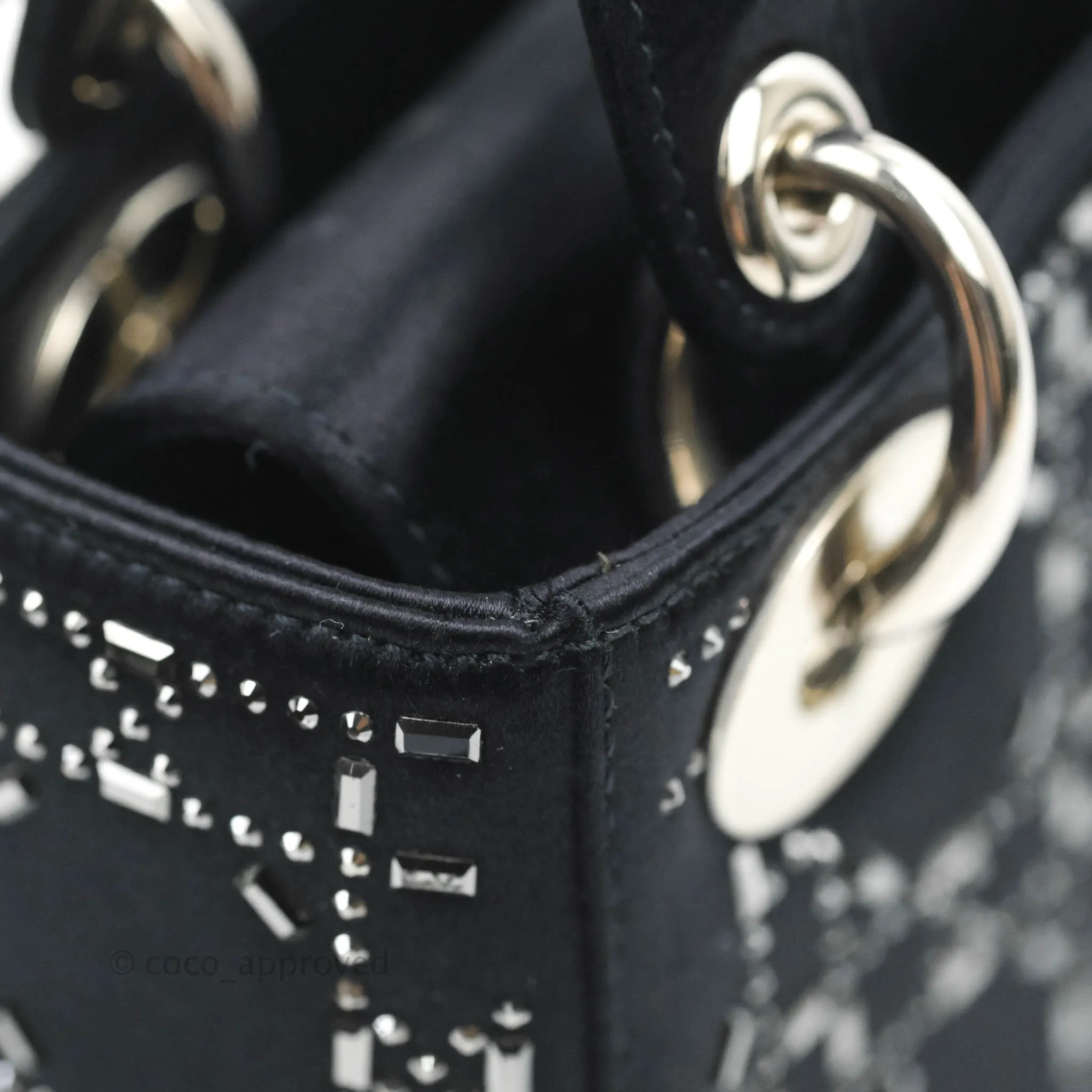 Christian Dior Mini Lady Dior Bag Black Strass Cannage Satin Silver Hardware