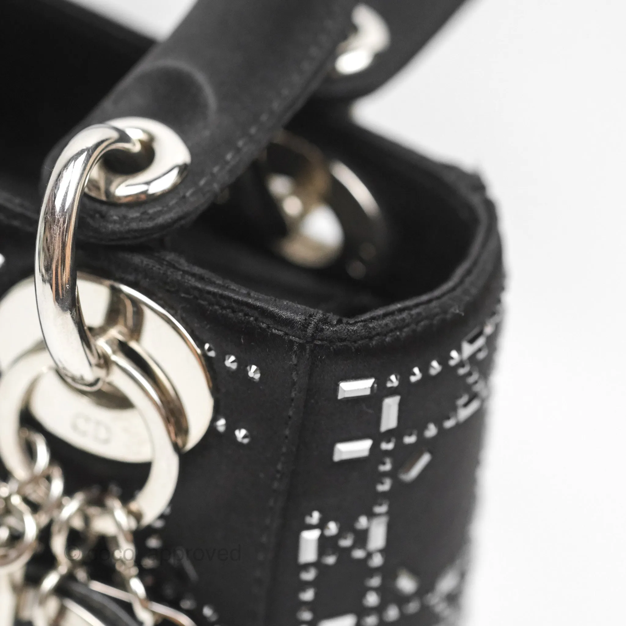 Christian Dior Mini Lady Dior Bag Black Strass Cannage Satin Silver Hardware