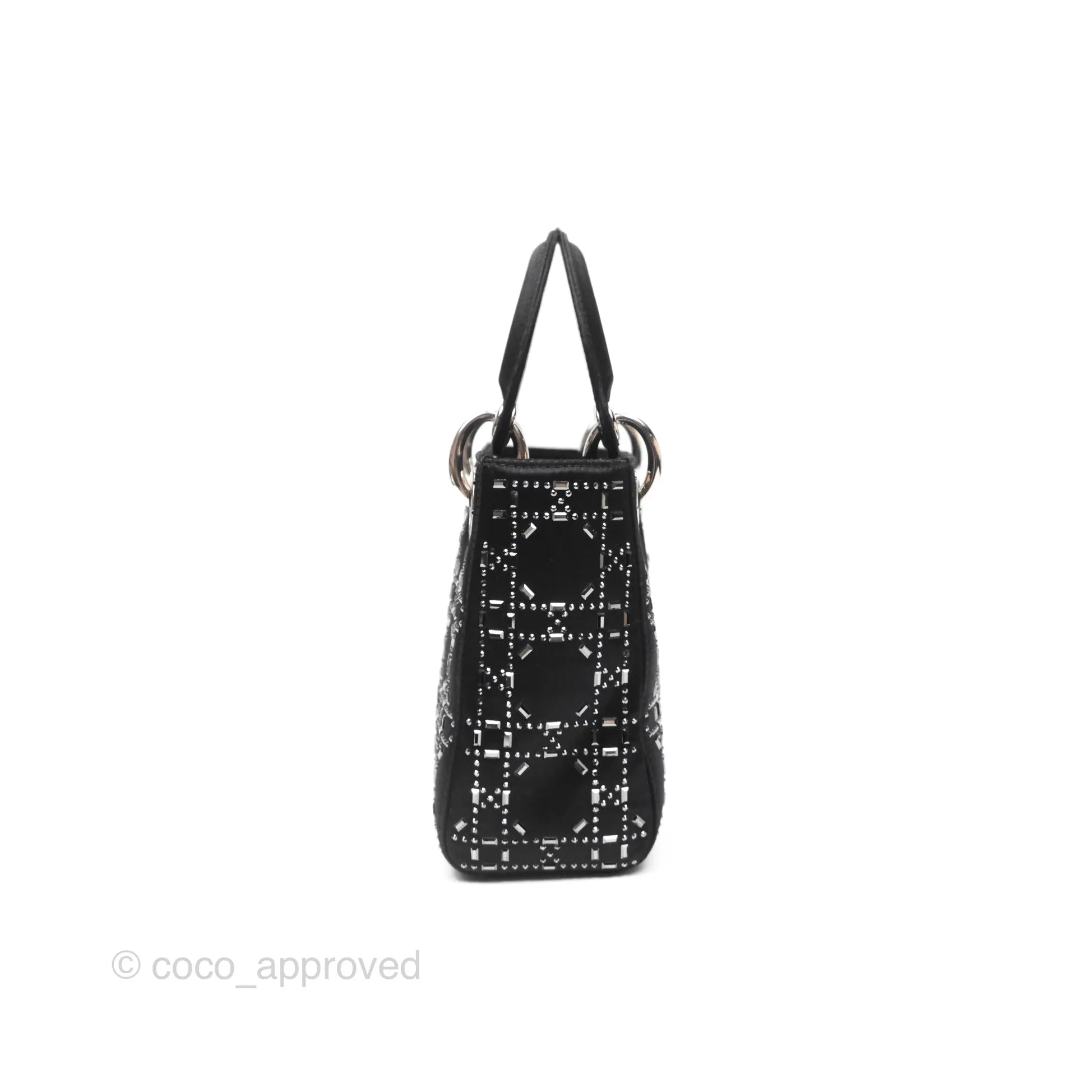 Christian Dior Mini Lady Dior Bag Black Strass Cannage Satin Silver Hardware