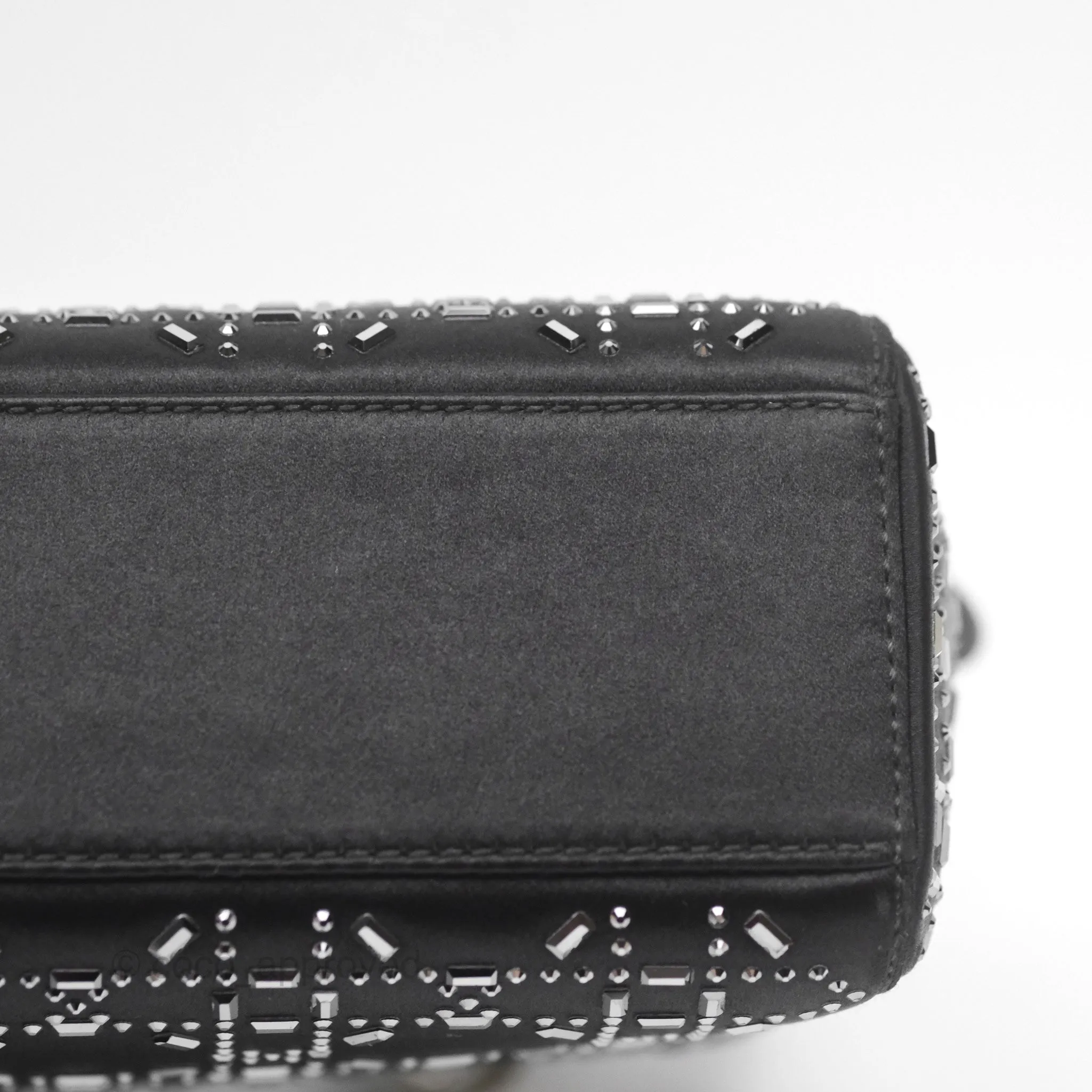 Christian Dior Mini Lady Dior Bag Black Strass Cannage Satin Silver Hardware