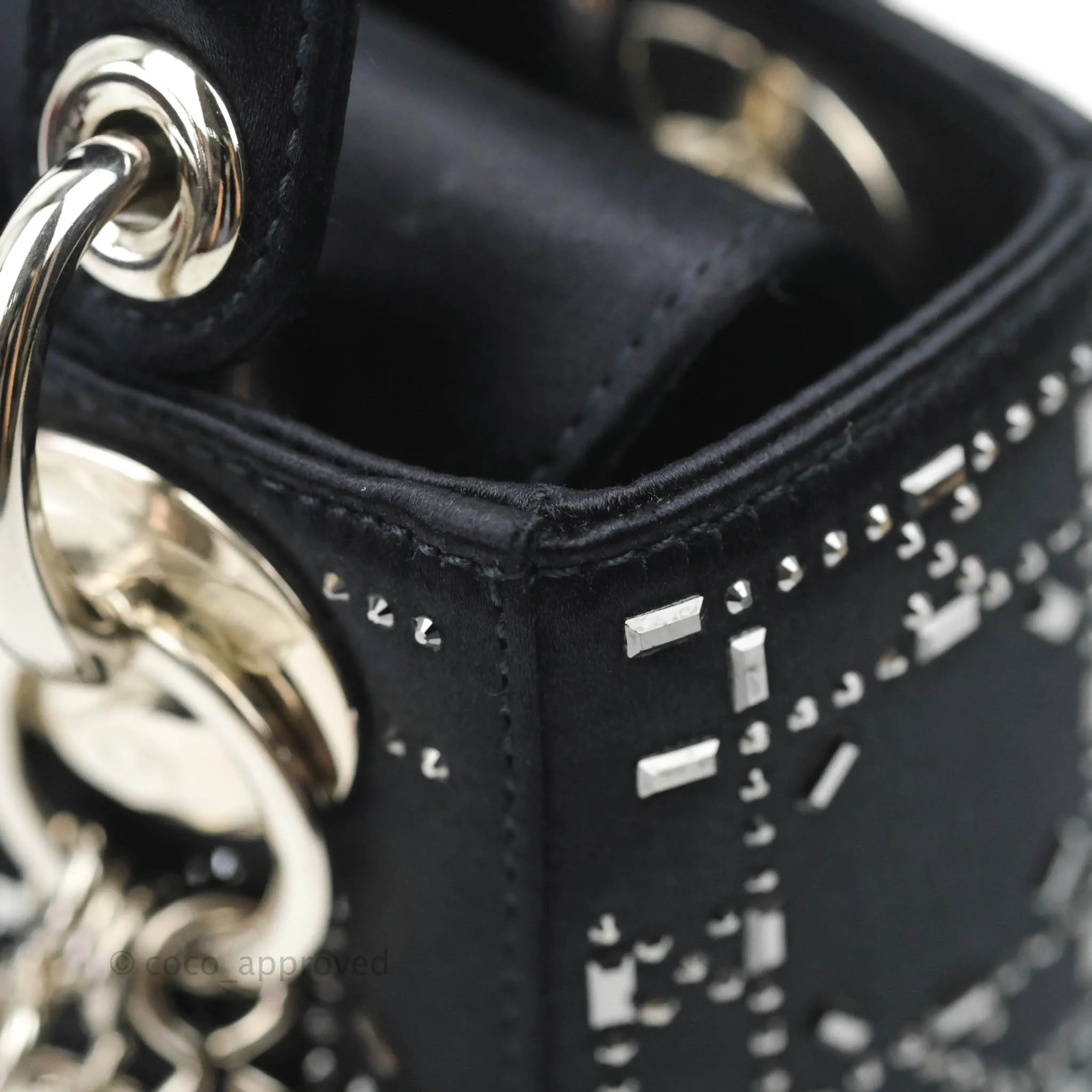Christian Dior Mini Lady Dior Bag Black Strass Cannage Satin Silver Hardware