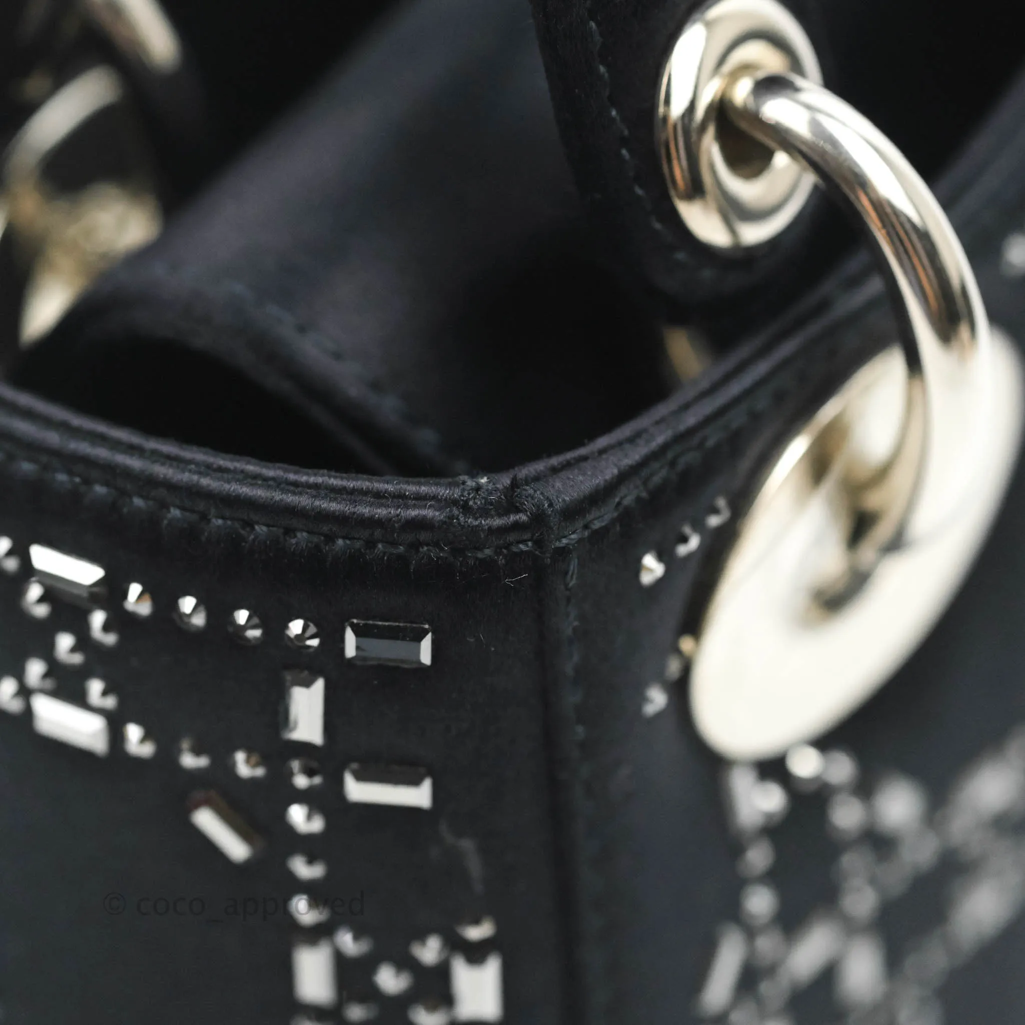 Christian Dior Mini Lady Dior Bag Black Strass Cannage Satin Silver Hardware