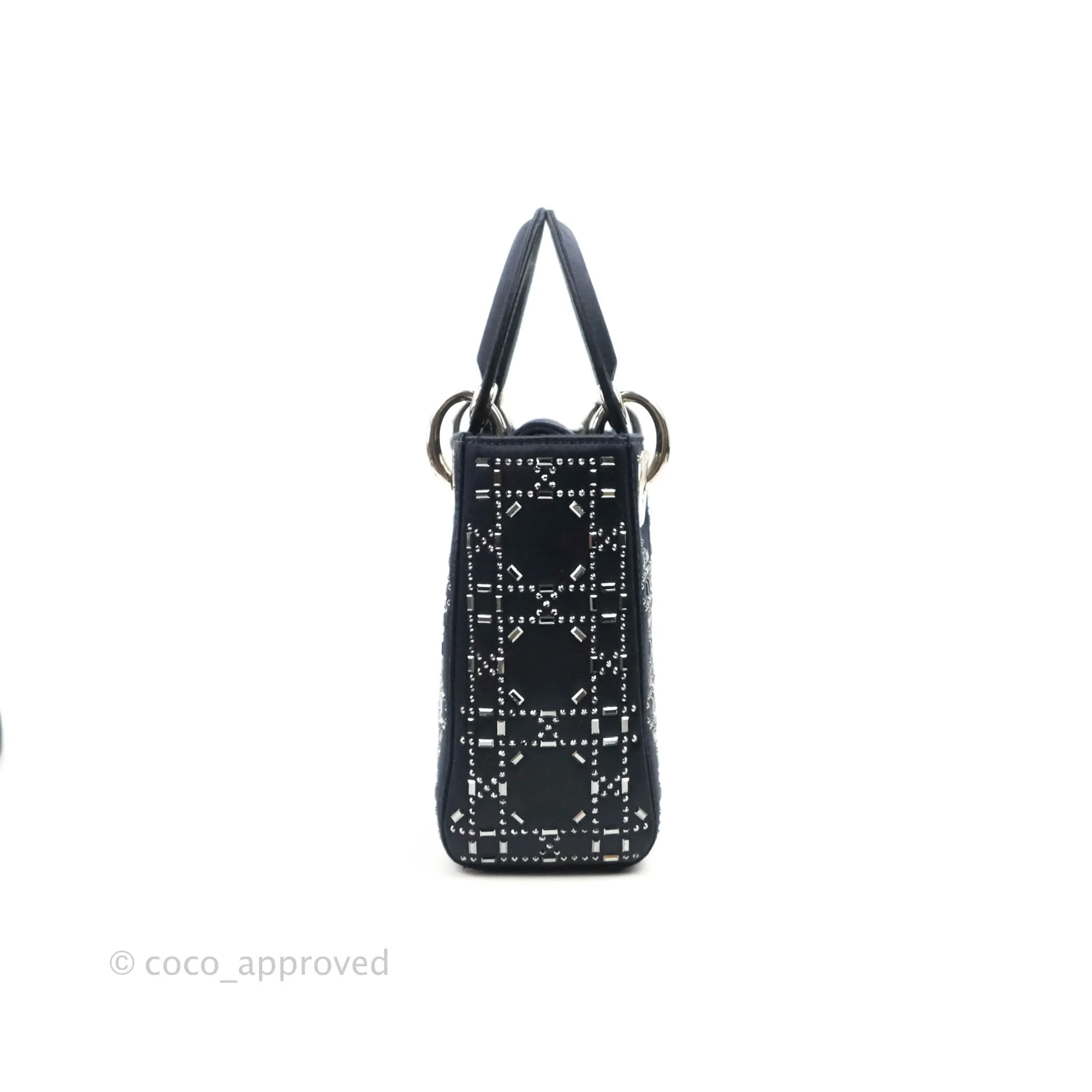 Christian Dior Mini Lady Dior Bag Black Strass Cannage Satin Silver Hardware