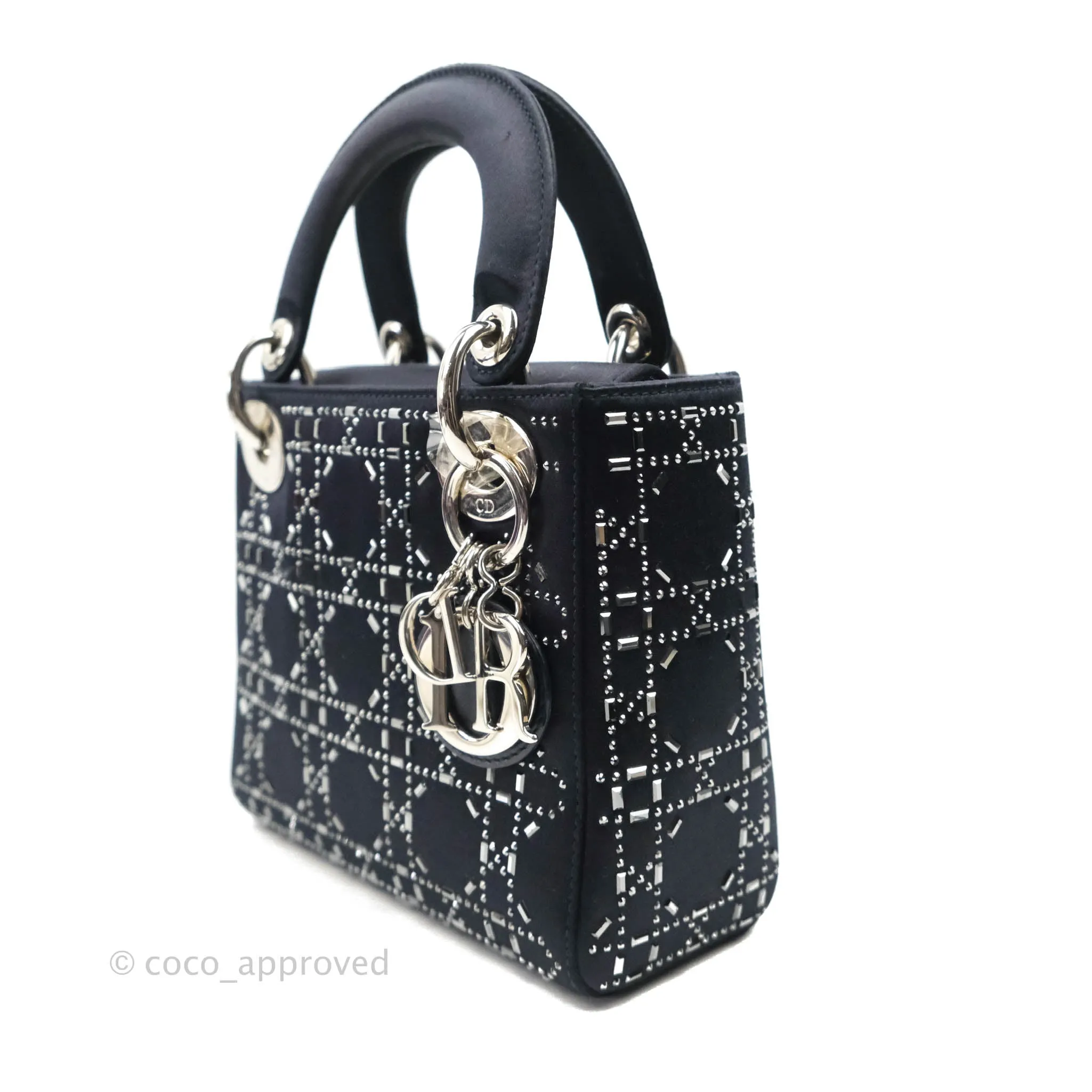 Christian Dior Mini Lady Dior Bag Black Strass Cannage Satin Silver Hardware