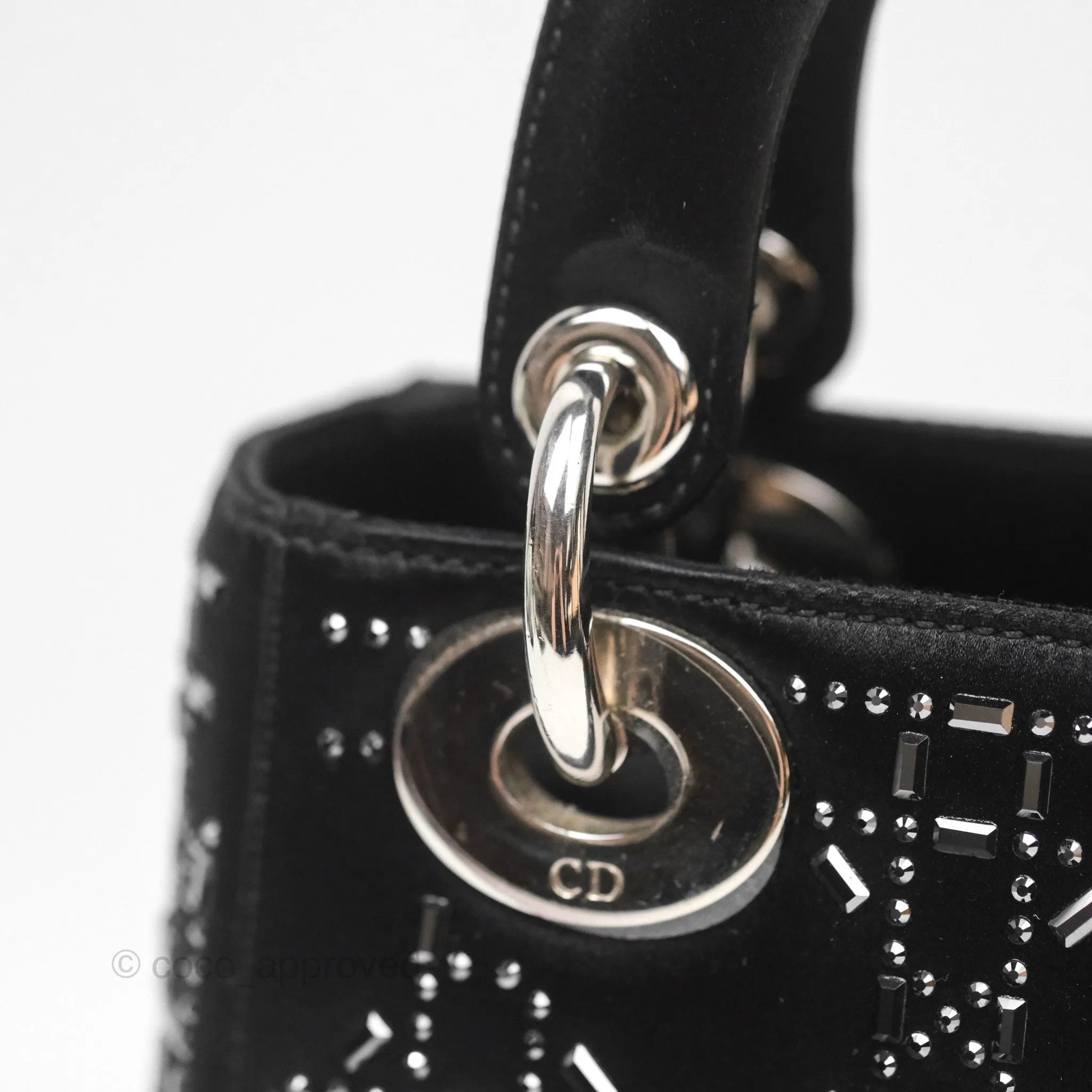 Christian Dior Mini Lady Dior Bag Black Strass Cannage Satin Silver Hardware