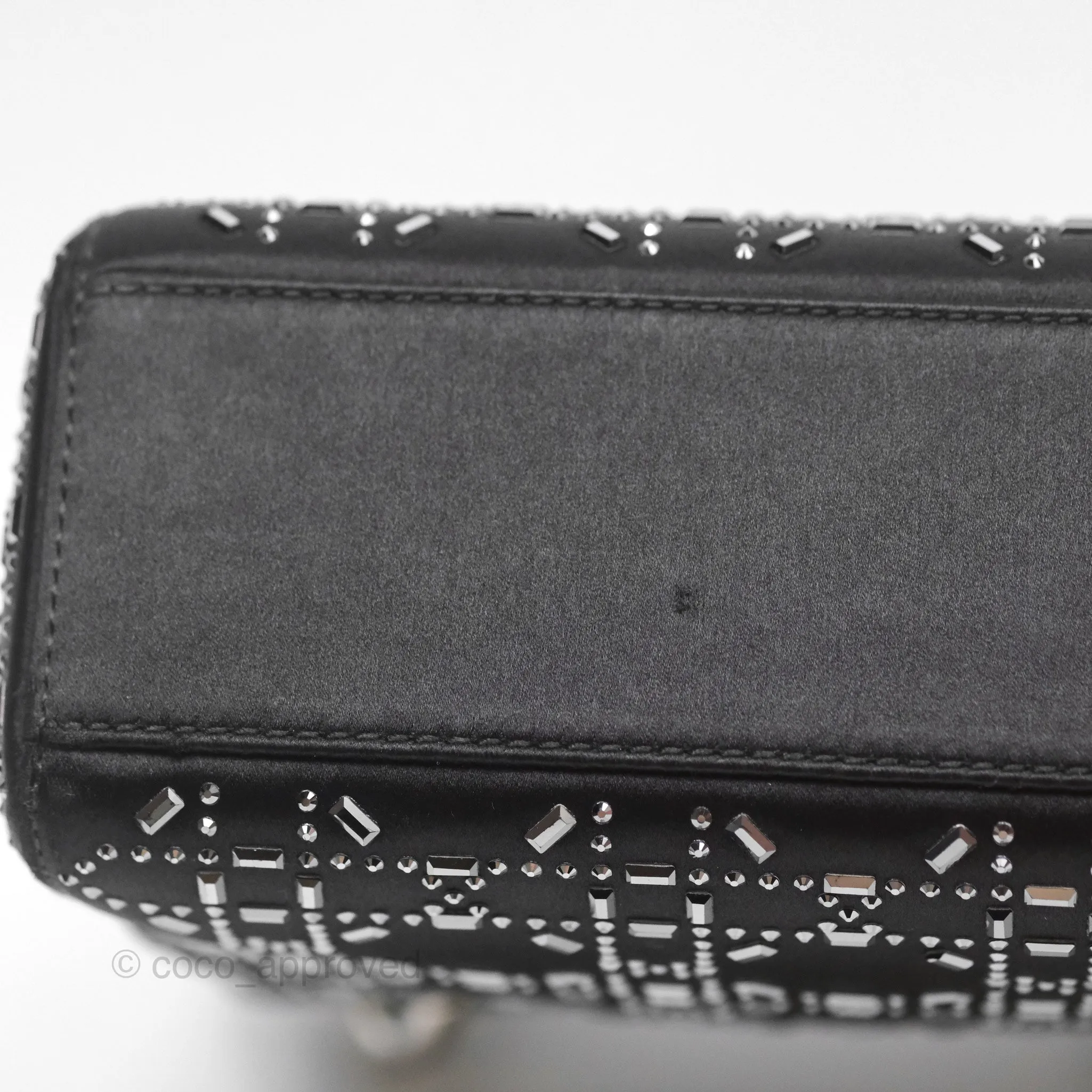 Christian Dior Mini Lady Dior Bag Black Strass Cannage Satin Silver Hardware