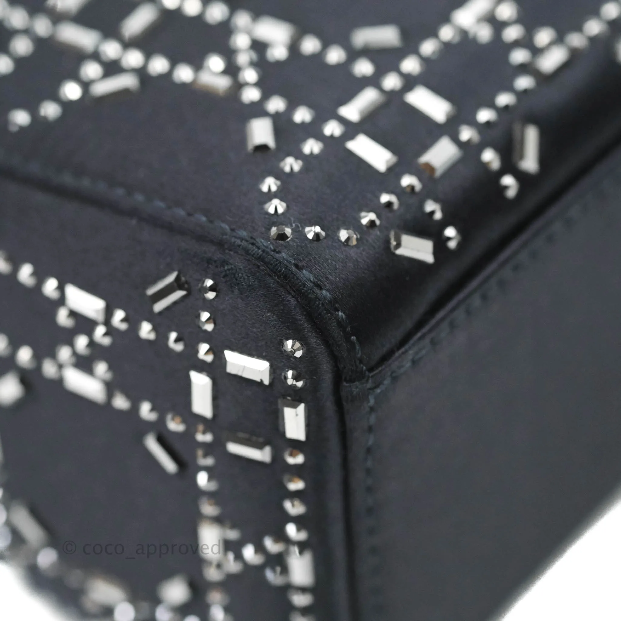 Christian Dior Mini Lady Dior Bag Black Strass Cannage Satin Silver Hardware
