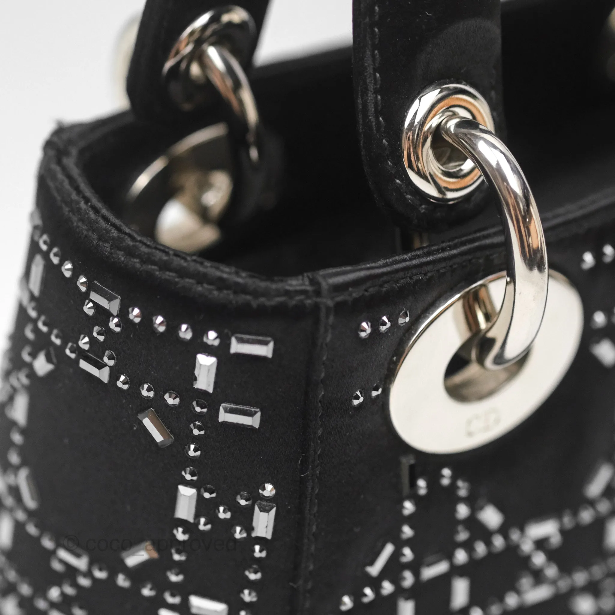 Christian Dior Mini Lady Dior Bag Black Strass Cannage Satin Silver Hardware