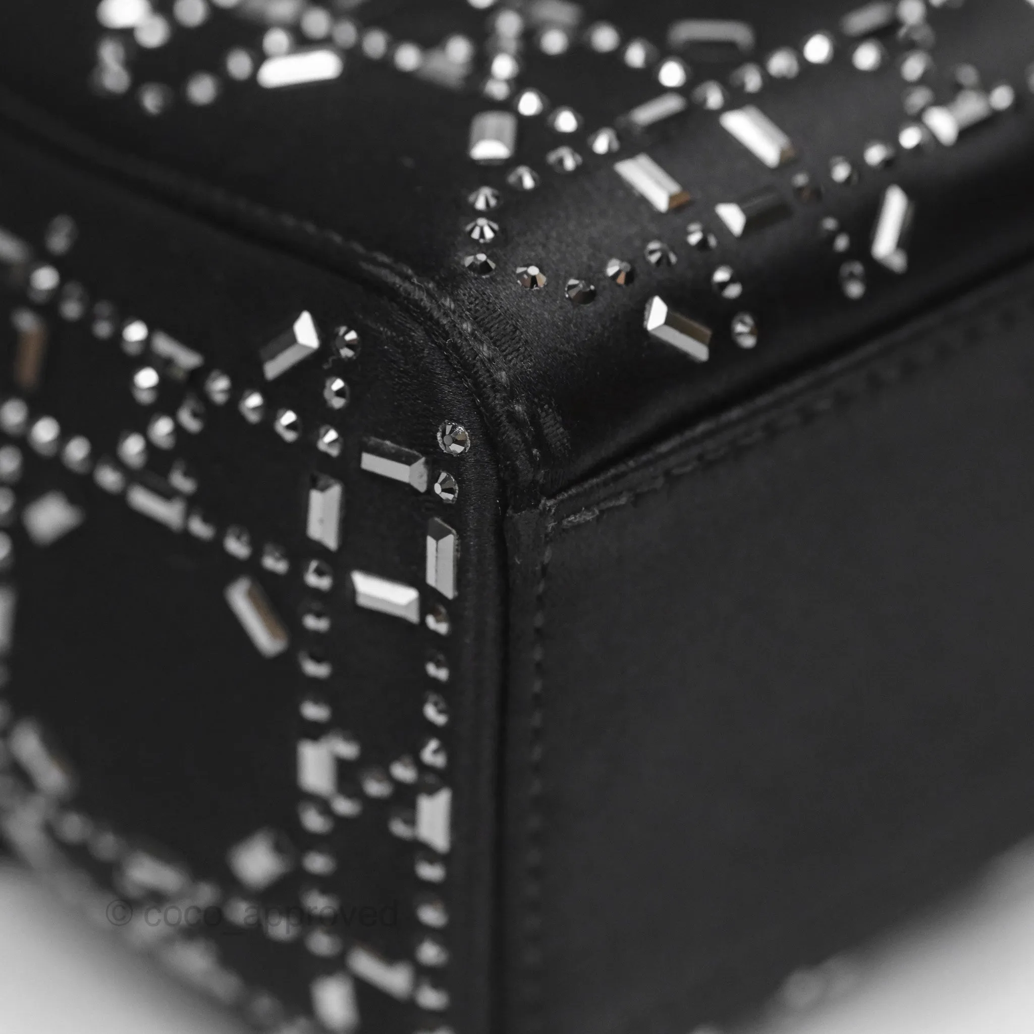 Christian Dior Mini Lady Dior Bag Black Strass Cannage Satin Silver Hardware