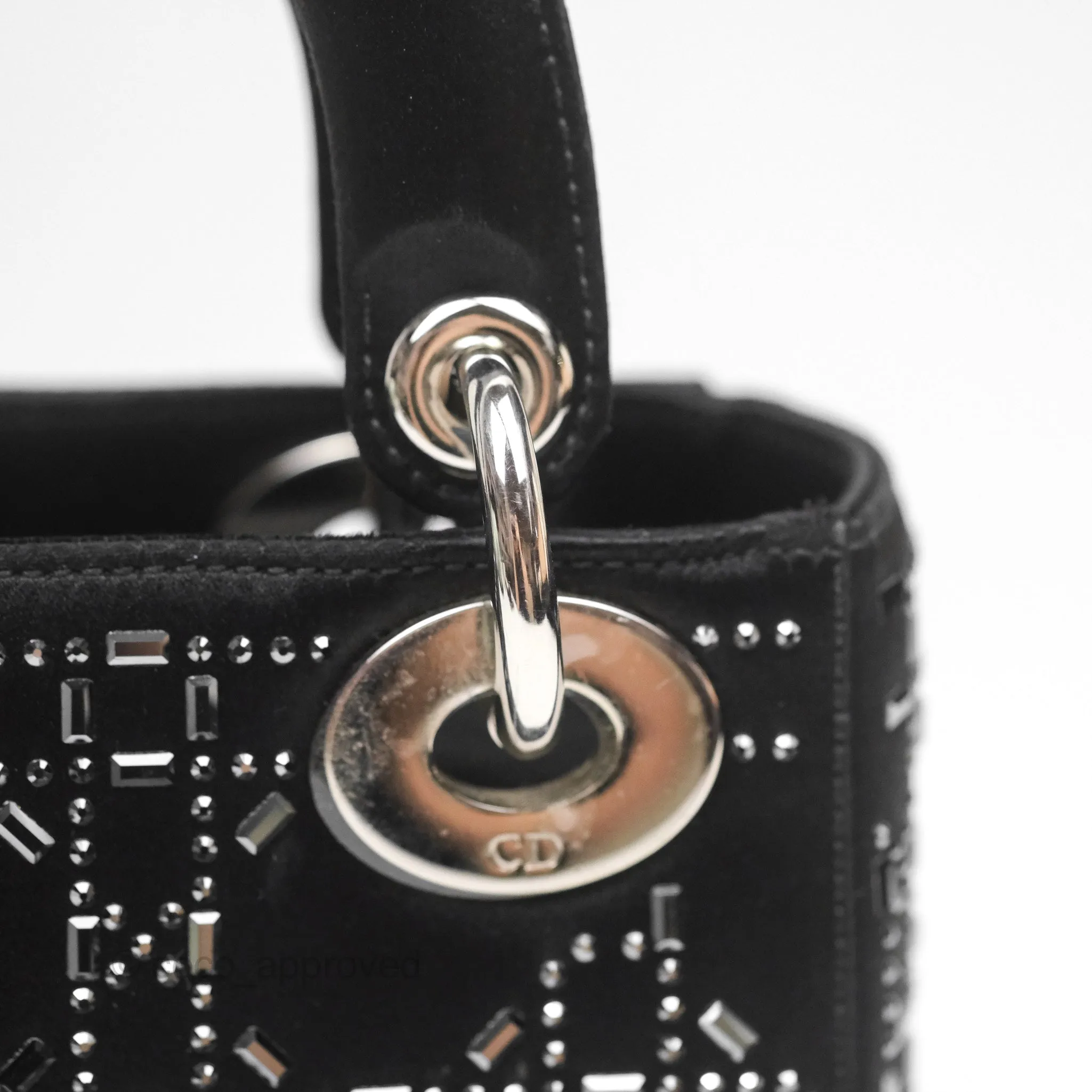 Christian Dior Mini Lady Dior Bag Black Strass Cannage Satin Silver Hardware