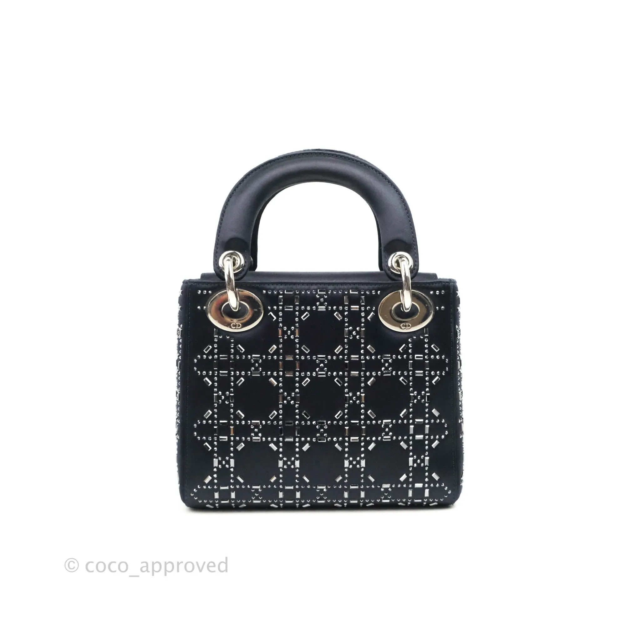 Christian Dior Mini Lady Dior Bag Black Strass Cannage Satin Silver Hardware