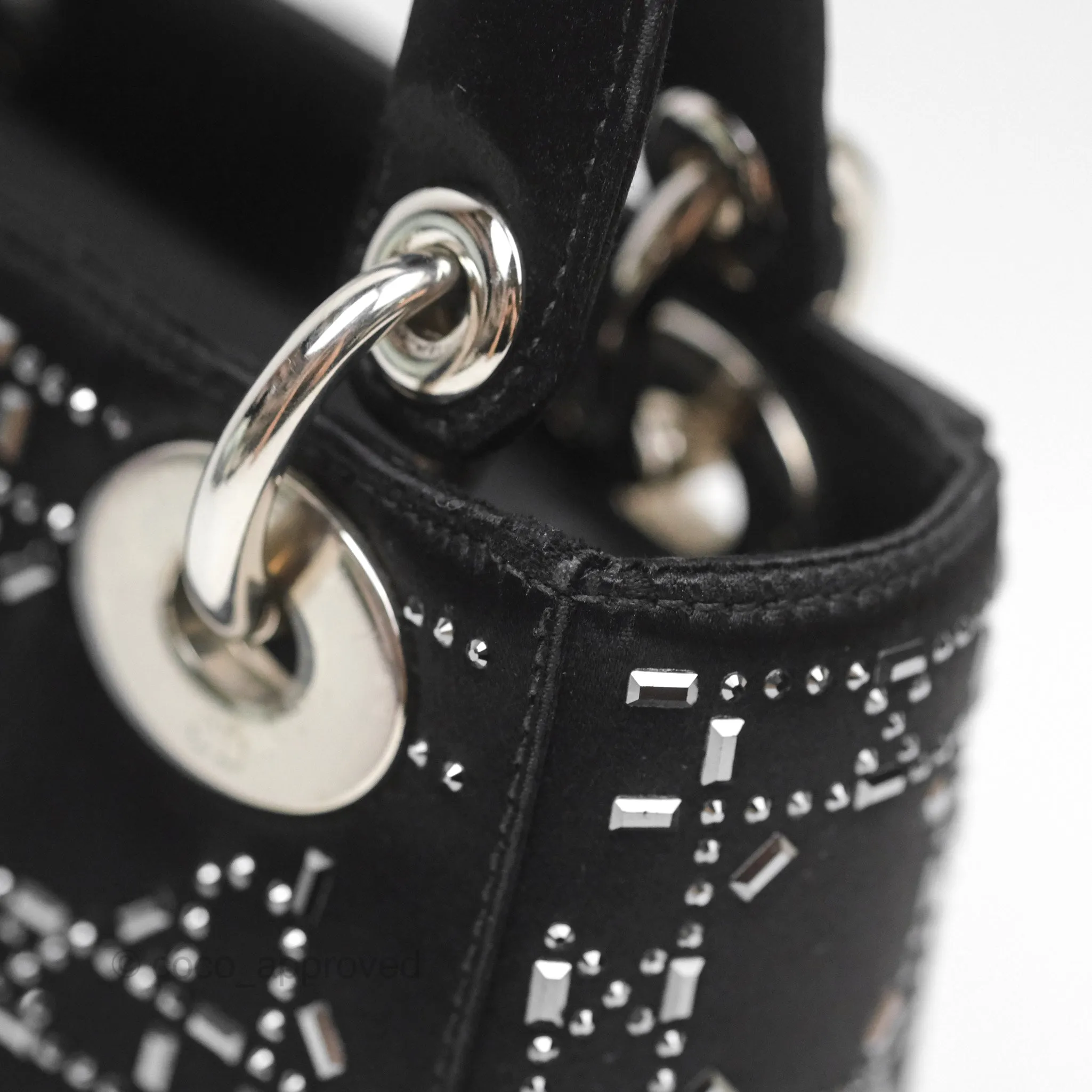 Christian Dior Mini Lady Dior Bag Black Strass Cannage Satin Silver Hardware