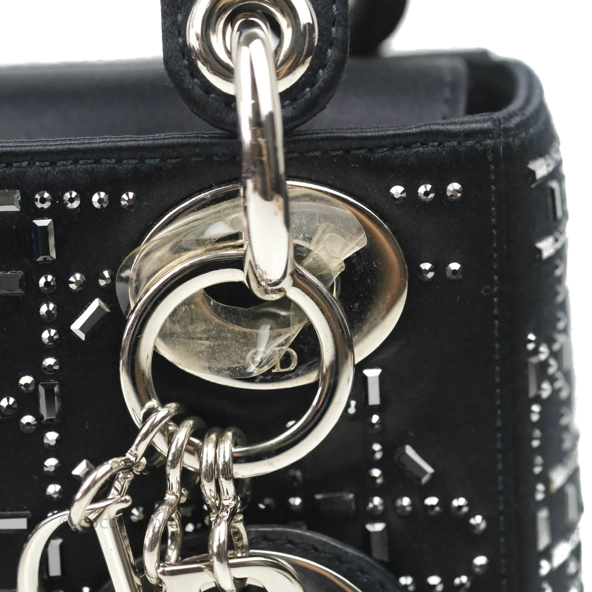 Christian Dior Mini Lady Dior Bag Black Strass Cannage Satin Silver Hardware