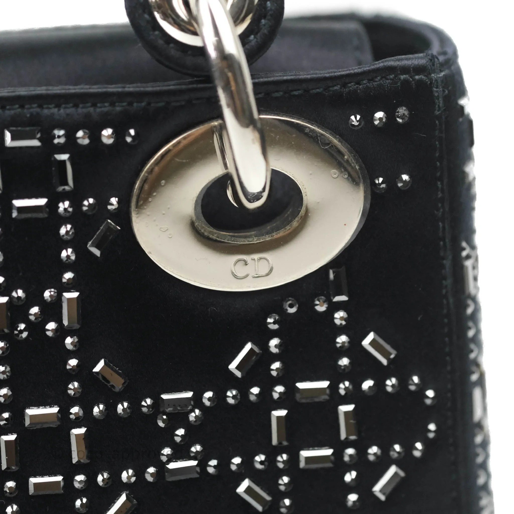 Christian Dior Mini Lady Dior Bag Black Strass Cannage Satin Silver Hardware