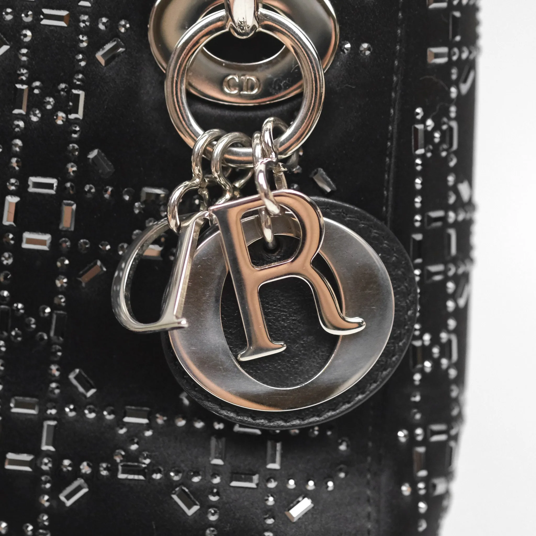 Christian Dior Mini Lady Dior Bag Black Strass Cannage Satin Silver Hardware