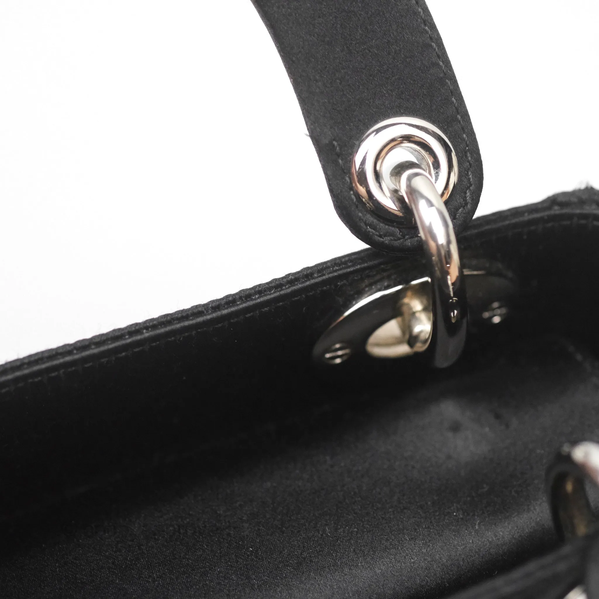 Christian Dior Mini Lady Dior Bag Black Strass Cannage Satin Silver Hardware