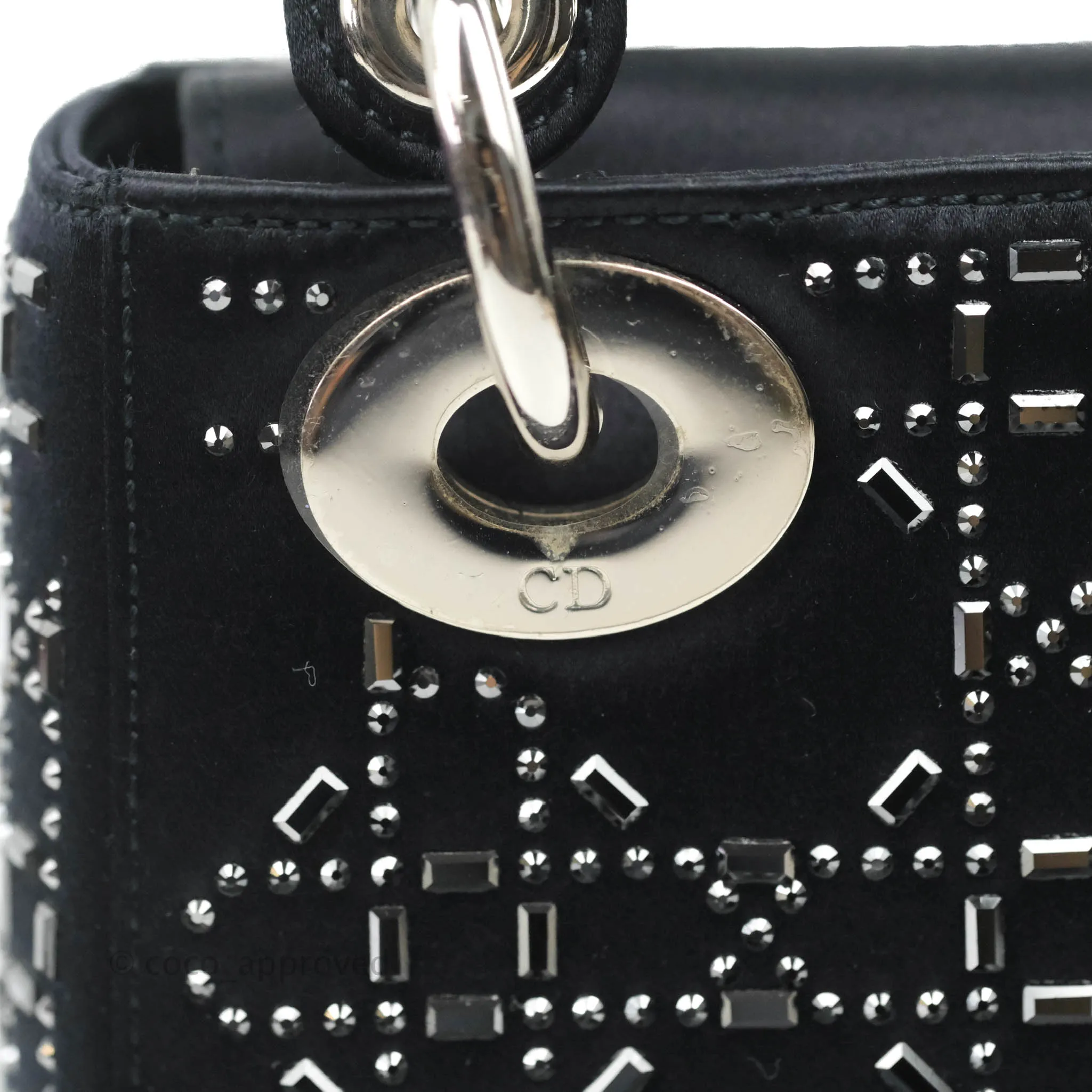 Christian Dior Mini Lady Dior Bag Black Strass Cannage Satin Silver Hardware