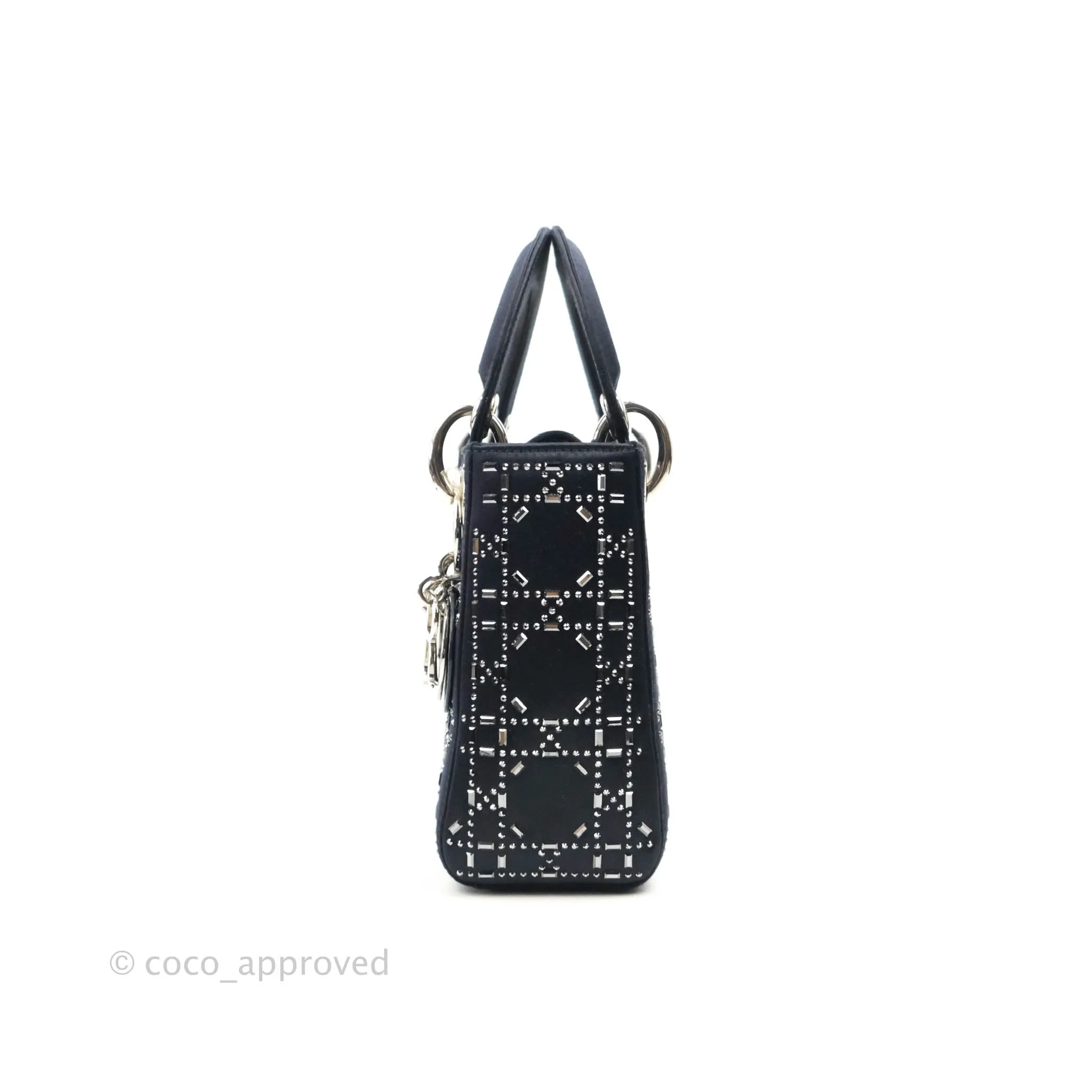 Christian Dior Mini Lady Dior Bag Black Strass Cannage Satin Silver Hardware