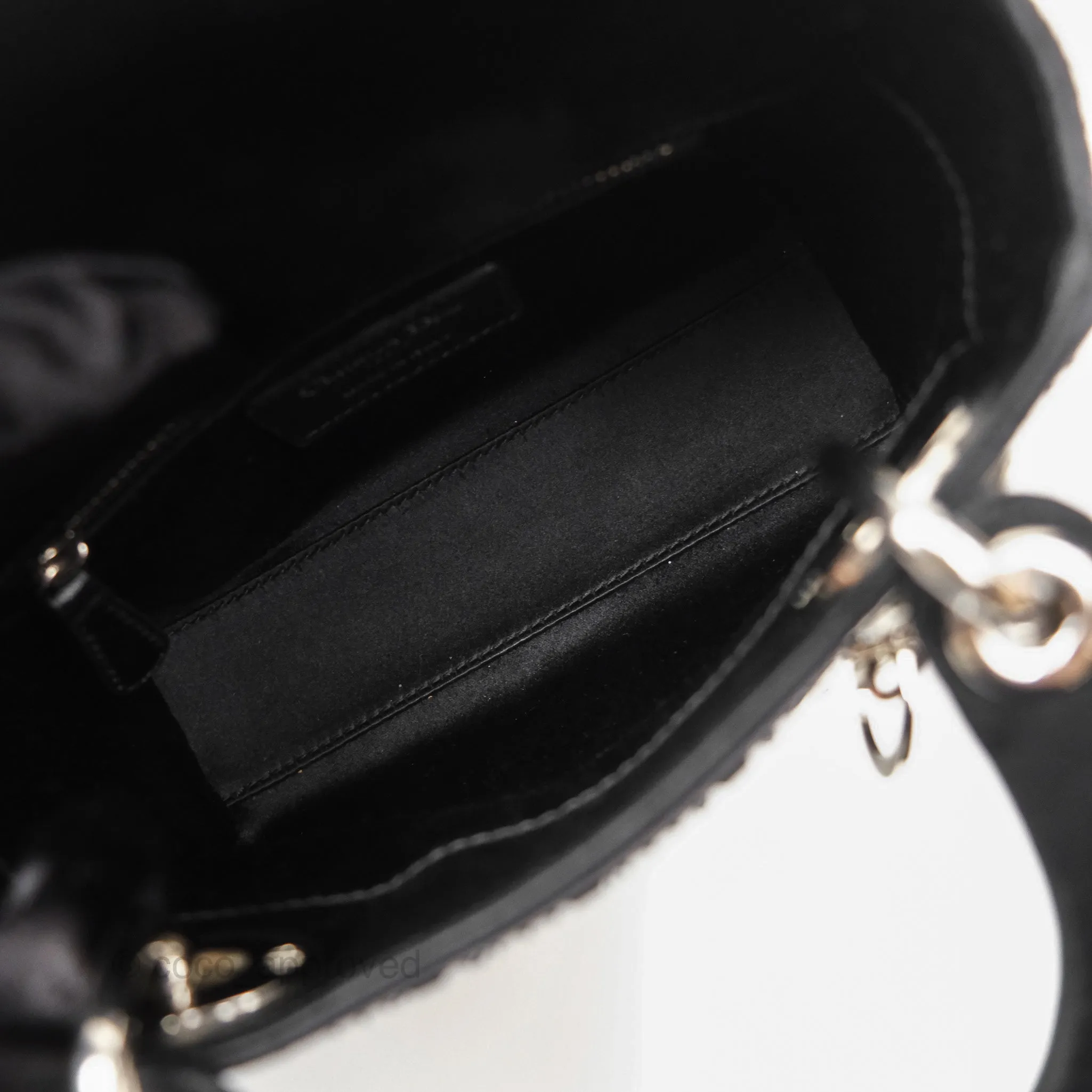 Christian Dior Mini Lady Dior Bag Black Strass Cannage Satin Silver Hardware