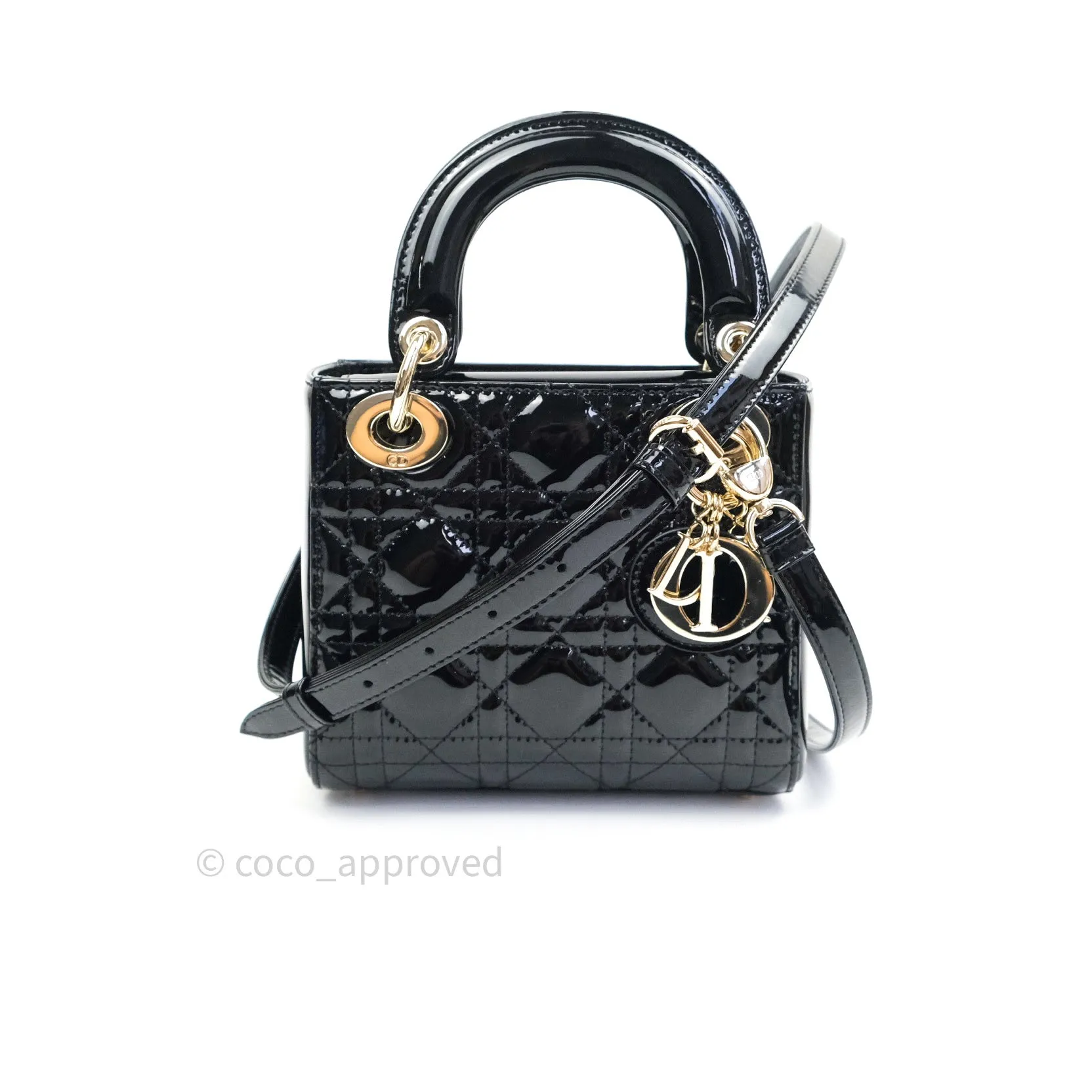 Christian Dior Mini Lady Dior Black Patent Light Gold Hardware